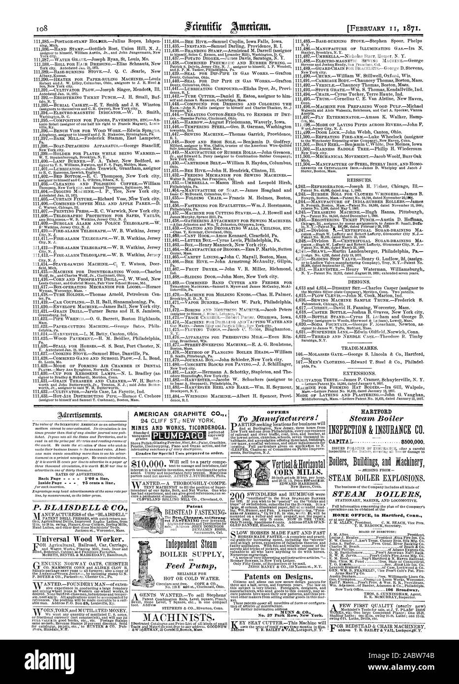 Retour Page 1'00 une ligne à l'intérieur de la page 75 cents de la ligne P. BLAISDELL & CO. Bois universelle travailleur. AMERICAN GRAPHITE CO." DES MINES ET TRAVAUX PUBLICS TICONDEROGA. Propose aux fabricants ! N° 37 Park Row New York. HARTFORD Steam Boiler CAPITAL $500000. Chaudières à vapeur Accueil Bureau à Hartford Connecticut MAÏS Brevet MILLS., Scientific American, 1871-02-11 Banque D'Images
