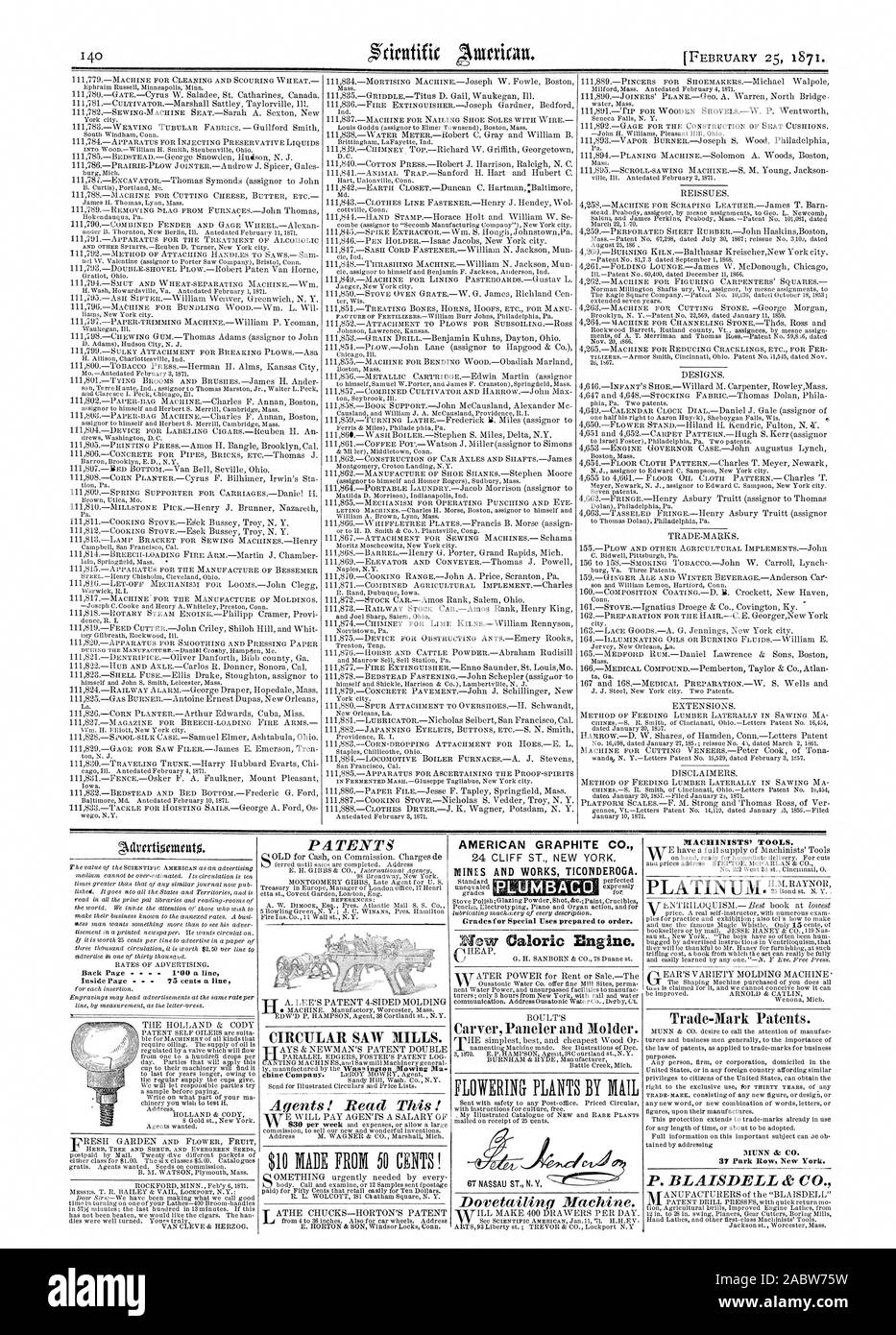Moulins à scie circulaire. GRAPHITE AMÉRICAIN CO. Grades pour usages spéciaux préparés sur commande. MUNN & CO., Scientific American, 1871-02-25 Banque D'Images