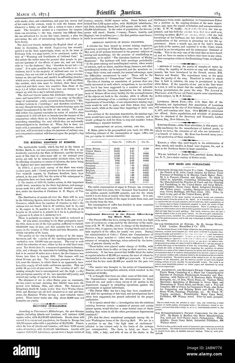 Les ressources minérales du Missouri. L'INTELLIGENCE scientifique. Découverte désagréable dans l'Office des brevets Levyg Black mail ing. Nouvelles ET PUBLICATIONS DES MALAPPRIS., Scientific American, 1871-03-18 Banque D'Images