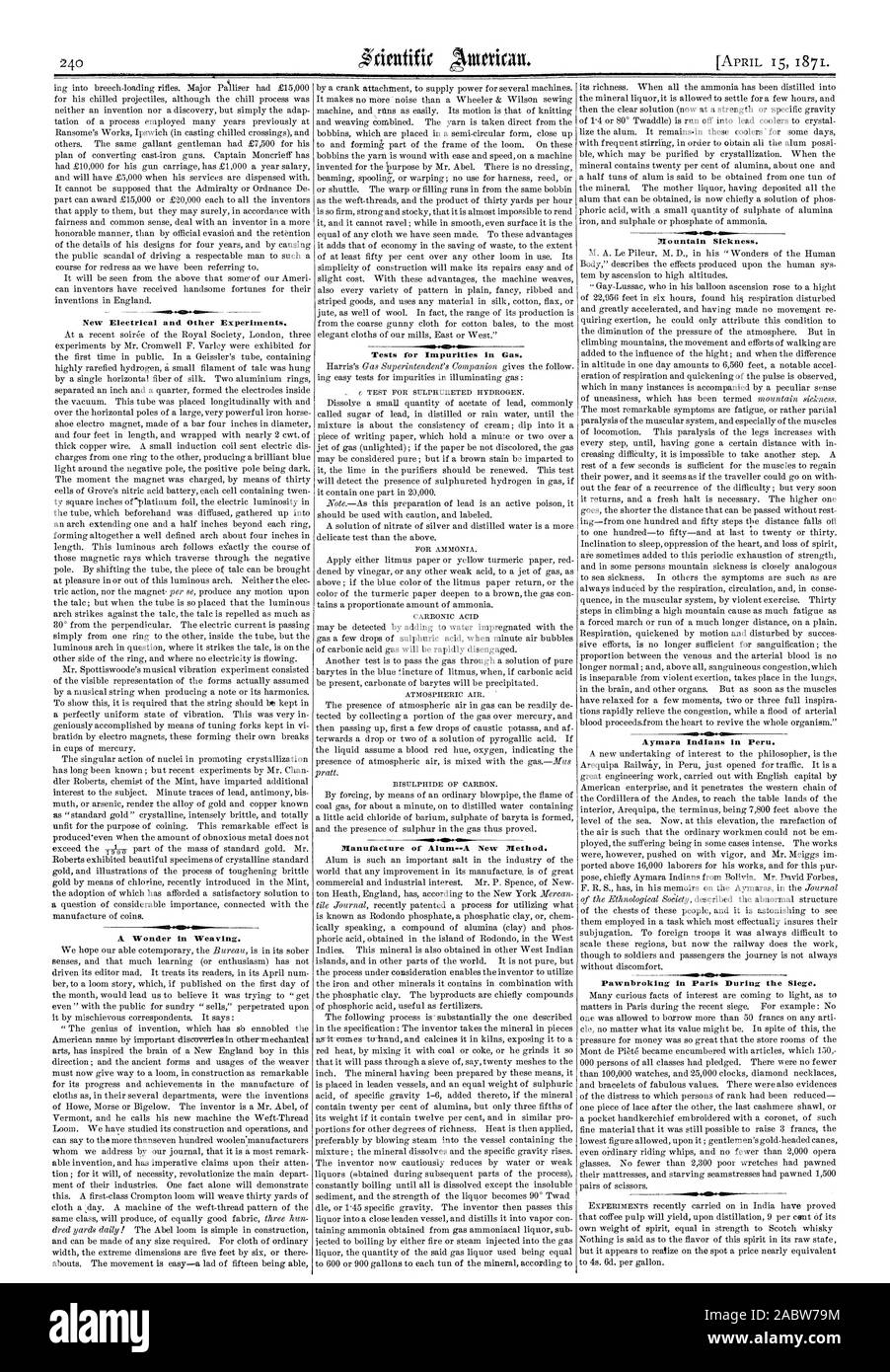 Les nouveaux équipements électriques et d'autres expériences. Une merveille dans le tissage. Des impuretés dans le gaz. Fabrication d'Alun--une nouvelle méthode. Le mal de montagne. Les Indiens aymaras au Pérou. Le prêt sur gage dans Paris pendant le siège., Scientific American, 1871-04-15 Banque D'Images