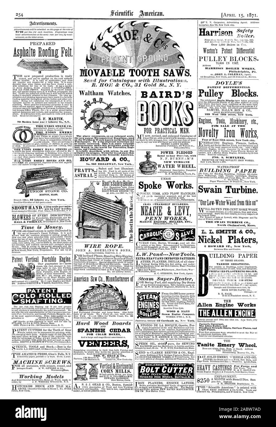 OVAELE SCIES À DENTS. 70 Maiden Lane et 9 Liberty St. N.Y. L'UNION STONE CO. L'UNION L'UNION EMERY EMERY PIERRE ET L'huile au-dessus représente sur une échelle agrandie le nouveau brevet Micrometrical Regulatoi utilisés sur le Waltham Watch connu comme le chemin de fer chronométreur. Par la moindre variation peut être facilement corrigée. Ceci et d'autres améliorations précieuses font de cette qualité particulière le meilleur regarder dans le monde pour les voyageurs et conducteurs. ingénieurs diplô Il est décrit en détail avec les prix dans notre catalogue de scriptive. Écrire pour elle et de l'état que vous avez vu cet avis dans le Scientific American. BAIRD'S Banque D'Images
