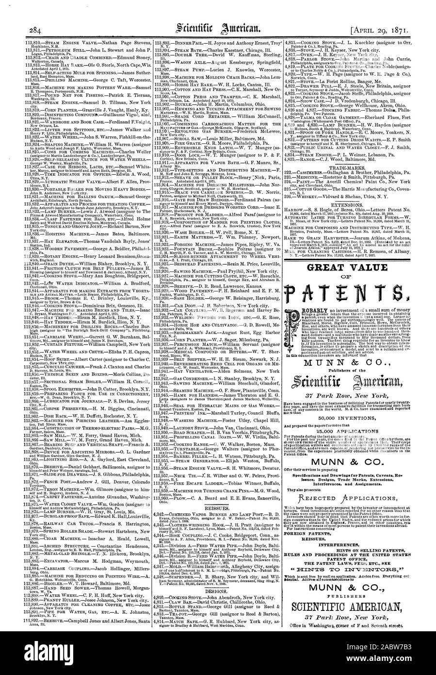 Une GRANDE VALEUR MUNN & CO. 25,000 APPLICATIONS Spécifications et dessins pour les brevets Avertissements Re. Modèles de vins. Les extensions de marques et d'affectations. Interférences Les brevets étrangers les rééditions d'interférences, Scientific American, 1871-04-29 Banque D'Images