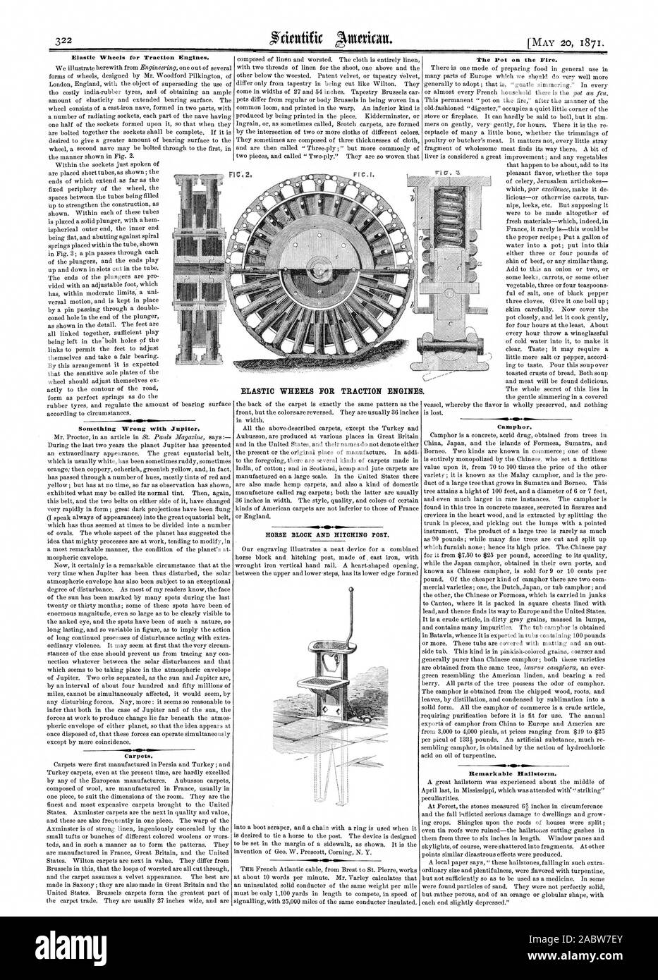 Roues élastiques pour moteurs de traction. Quelque chose de mal avec Jupiter. Les tapis. Roues ÉLASTIQUES DE TRACTION POUR LA PUISSANCE DU MOTEUR DU BLOC ET POSTE DE RELAIS. Le Pot sur le feu. Le camphre. Grêle. Remarquable, Scientific American, 1871-05-20 Banque D'Images
