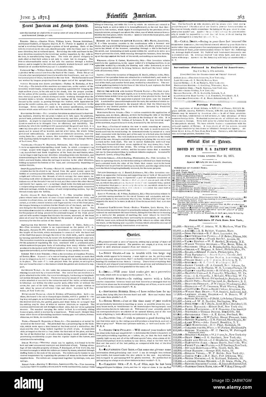 Les BREVETS DÉLIVRÉS PAR L'OFFICE DES BREVETS AMÉRICAIN DIUNN dt C A Procureurs. 37 Park Row New York, Scientific American, 1871-06-03 Banque D'Images