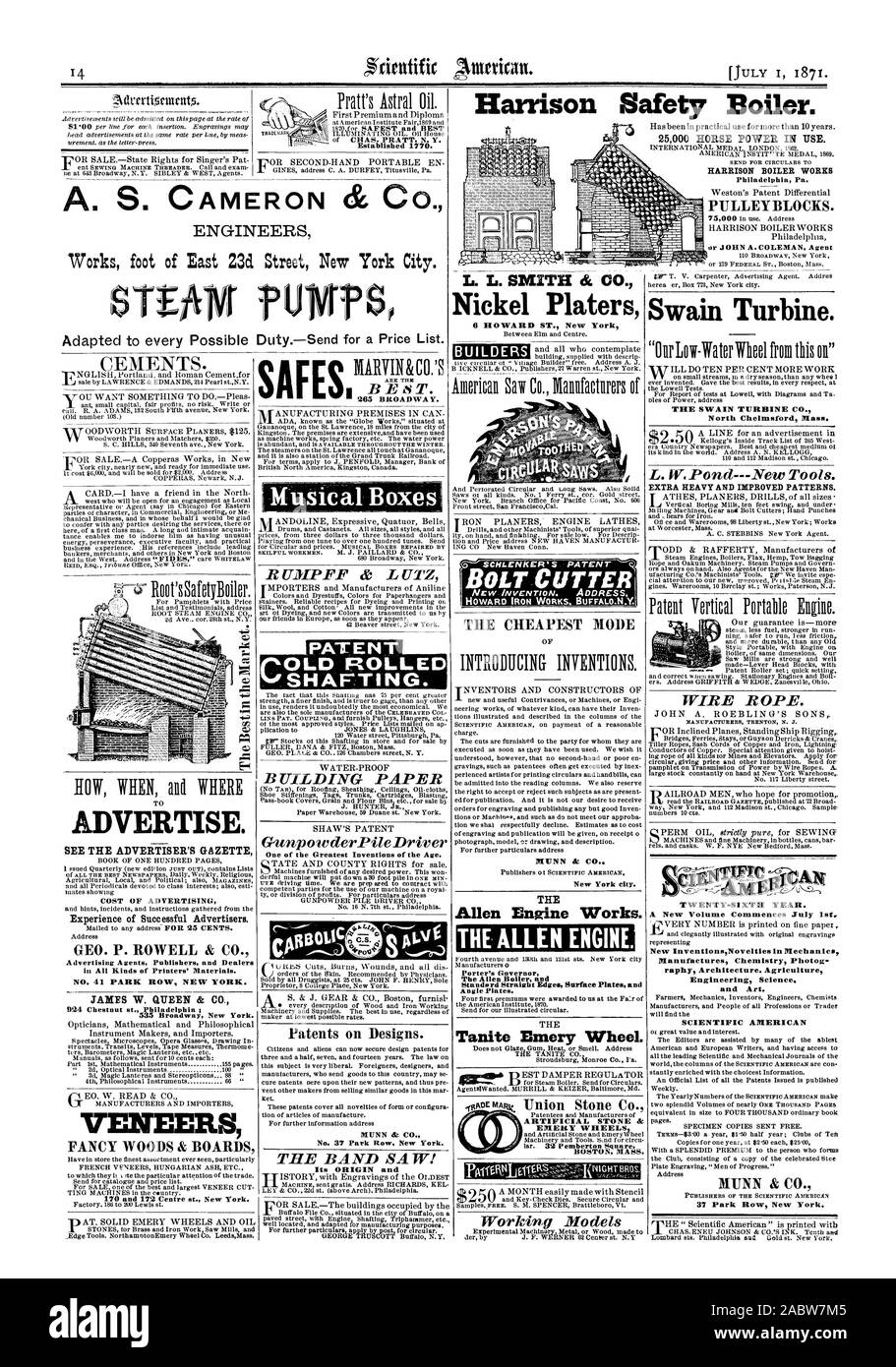 A. S. CAMERON & CO. travaille pied de l'Est 238. Street New York City. Sécurité Harrison Chaudière. 25000 CHEVAUX DE PUISSANCE EN COURS D'UTILISATION. HARRISON BOILER WORKS DE LA PUBLICITÉ. Voir l'ANNONCEUR'S Gazette du succès des annonceurs. JAMES W. QUEEN & CO. PLACAGES SAF L Boîtes à musique son origine et le fonctionnement du moteur de Allen. ALLEN LE MOTEUR. Tanite Emery roue. Roues d'émeri de masse Boston. Vingt-sixième année. Un nouveau volume commence le 1er juillet. Dans InventionsNovelties nouveau raphy du mécanicien de l'architecture. La science de l'ingénierie de l'Agriculture et de l'art de l'Américain scientifique 37 Park Row New York. SCHLENKER'S PATENT BOLT CUTTER L. L Banque D'Images