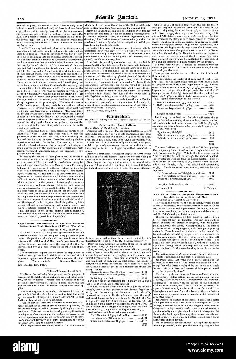 L'étude expérimentale de la nouvelle Force Lettres fromProf. Huggins et Edwd. Wm. Cox. La construction de poulies coniques. Amor La Paine Moteur électromagnétique--.curieux révélations par un homme pratique, Scientific American, 1871-08-12 Banque D'Images