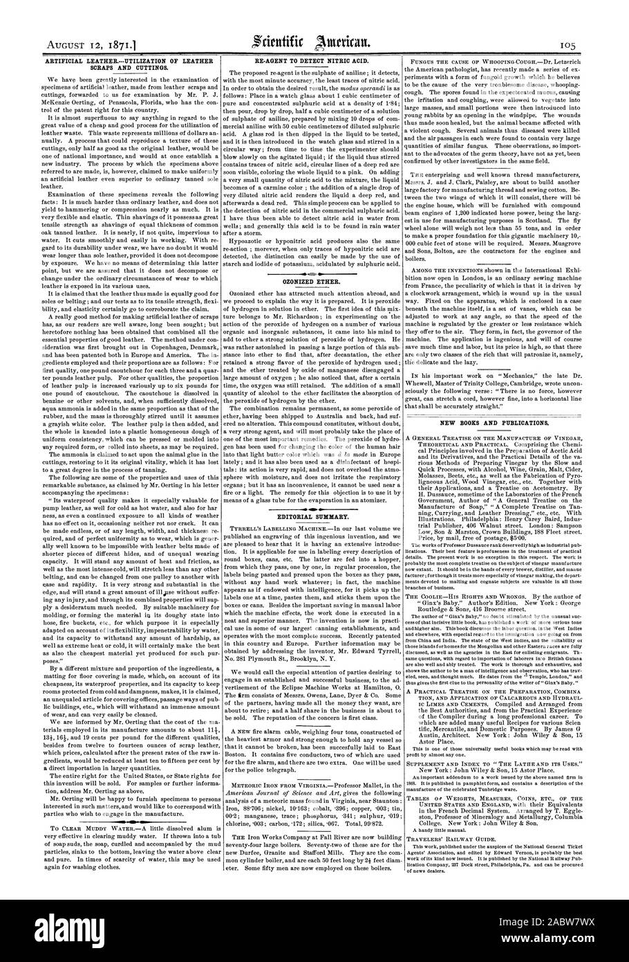 Cuir artificiel.L'UTILISATION DES DÉCHETS DE CUIR ET de déblais. RE-AGENT POUR DÉTECTER L'ACIDE NITRIQUE. L'ÉTHER à l'eau ozonée. Sommaire Éditorial. Nouveaux LIVRES ET PUBLICATIONS., Scientific American, 1871-08-12 Banque D'Images