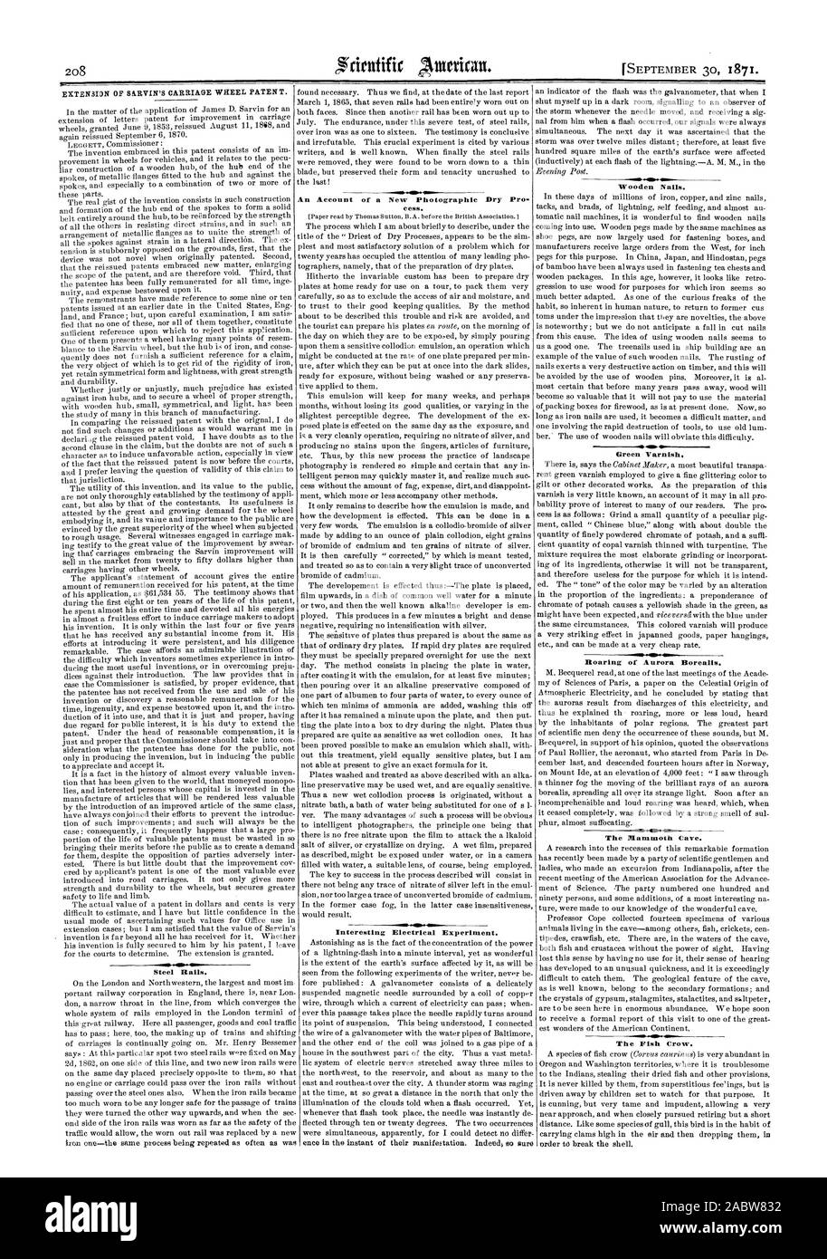 Rails en acier. cess. Expérience électrique intéressante. Des clous en bois. Vernis vert. Rugissement d'aurores boréales. Le Mammoth Cave. Le poisson Crow., Scientific American, 1871-09-30 Banque D'Images