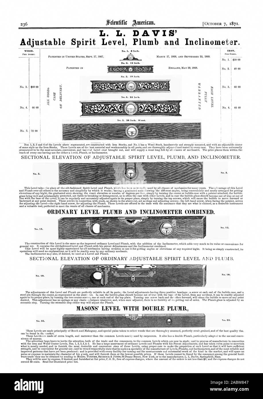 L. L. DAVIS' BOIS. Par Douzaine. N° 2. 12 pouces. N° 1. 6 pouce. Fer à repasser. Par Douzaine. HIMUllunnenumtuntmiamnmn n° 5. N° 3. Niveau ordinaire d'aplomb et d'inclinomètre combinés. N° 13. N° 13. N° 10. N° 35. N° 35., Scientific American, 1871-10-07 Banque D'Images