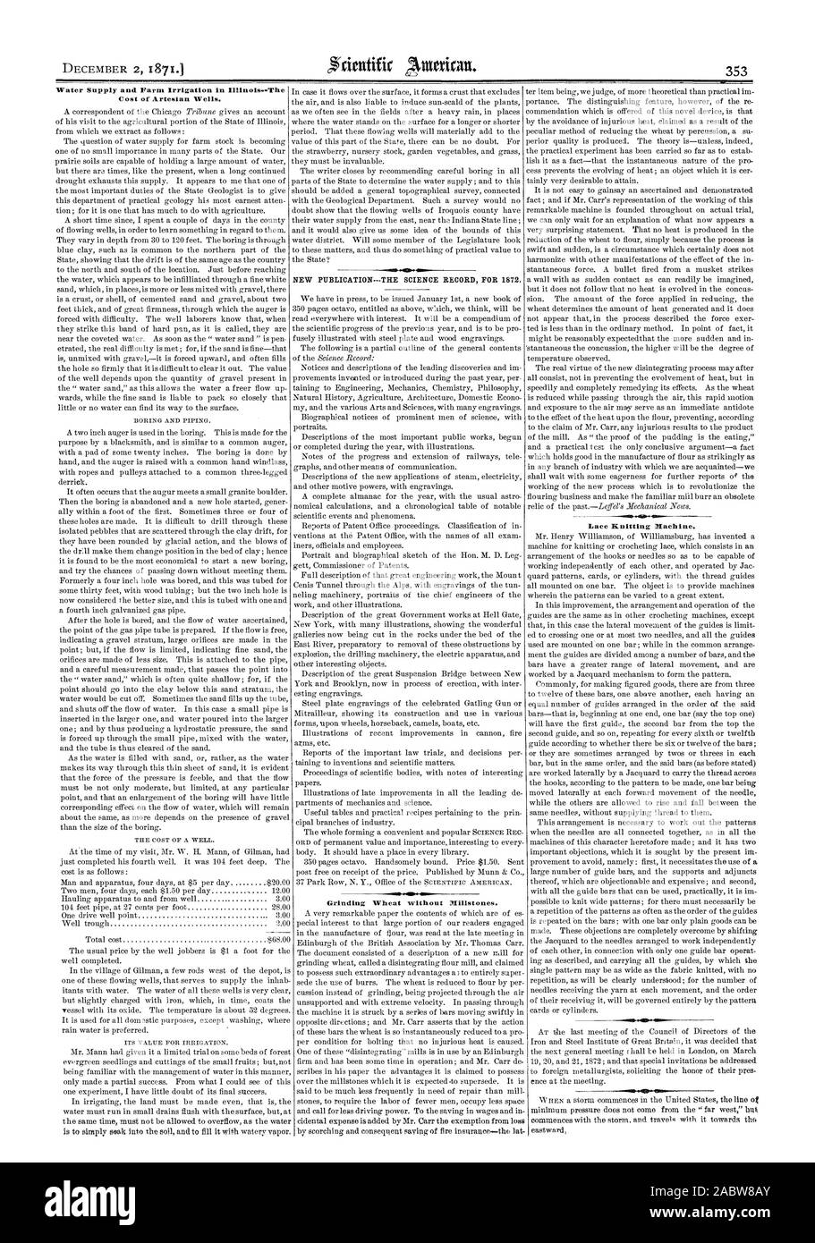 Moulant le blé sans entraves. L'approvisionnement en eau et l'irrigation agricole dans l'Illinois, le coût d'un puits artésien. Machine à tricoter de la dentelle. -NM, Scientific American, 1871-12-02 Banque D'Images