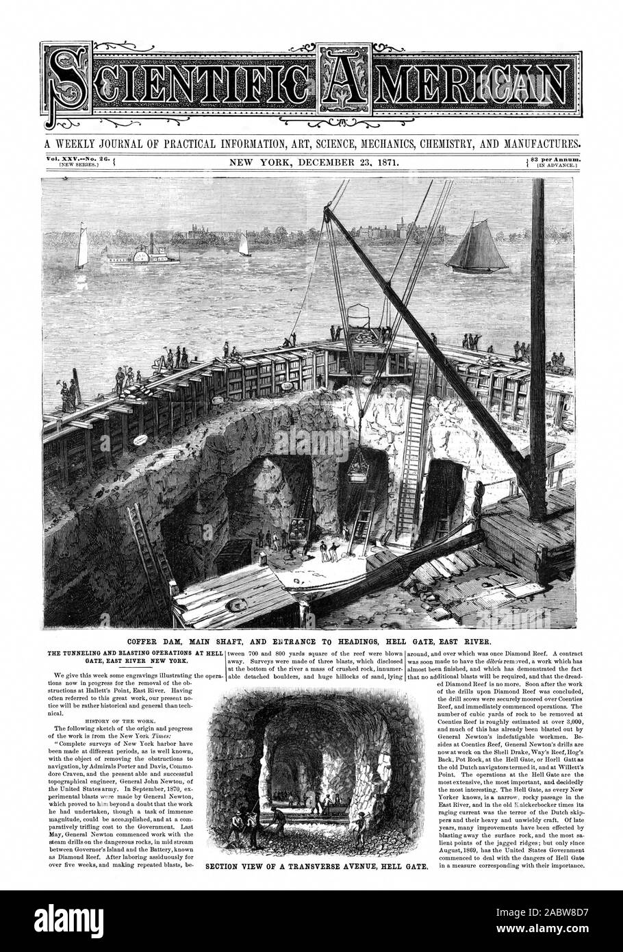Batardeau ARBRE PRINCIPAL ET L'ENTRÉE AUX POSITIONS HELL GATE EAST RIVER. ( ;' 1 SECTION VUE D'UNE RUE TRANSVERSALE HELL GATE., Scientific American, 1871-12-23 Banque D'Images