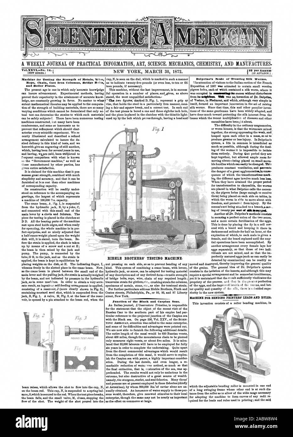 Machine pour tester la solidité des métaux Wire Rope Chain colonnes en fonte Bridge vis et plaques de chaudière. MACHINE D'ESSAIS DES FRÈRES RIEHLE. La sortie de la mer Noire et la mer Caspienne. Le mode de traitement Delprino des vers à soie., Scientific American, 1872-03-30 Banque D'Images