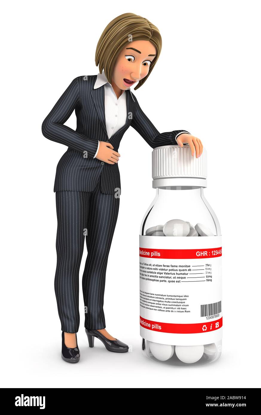Femme d'affaires 3d estomac, illustration avec fond blanc isolé Banque D'Images