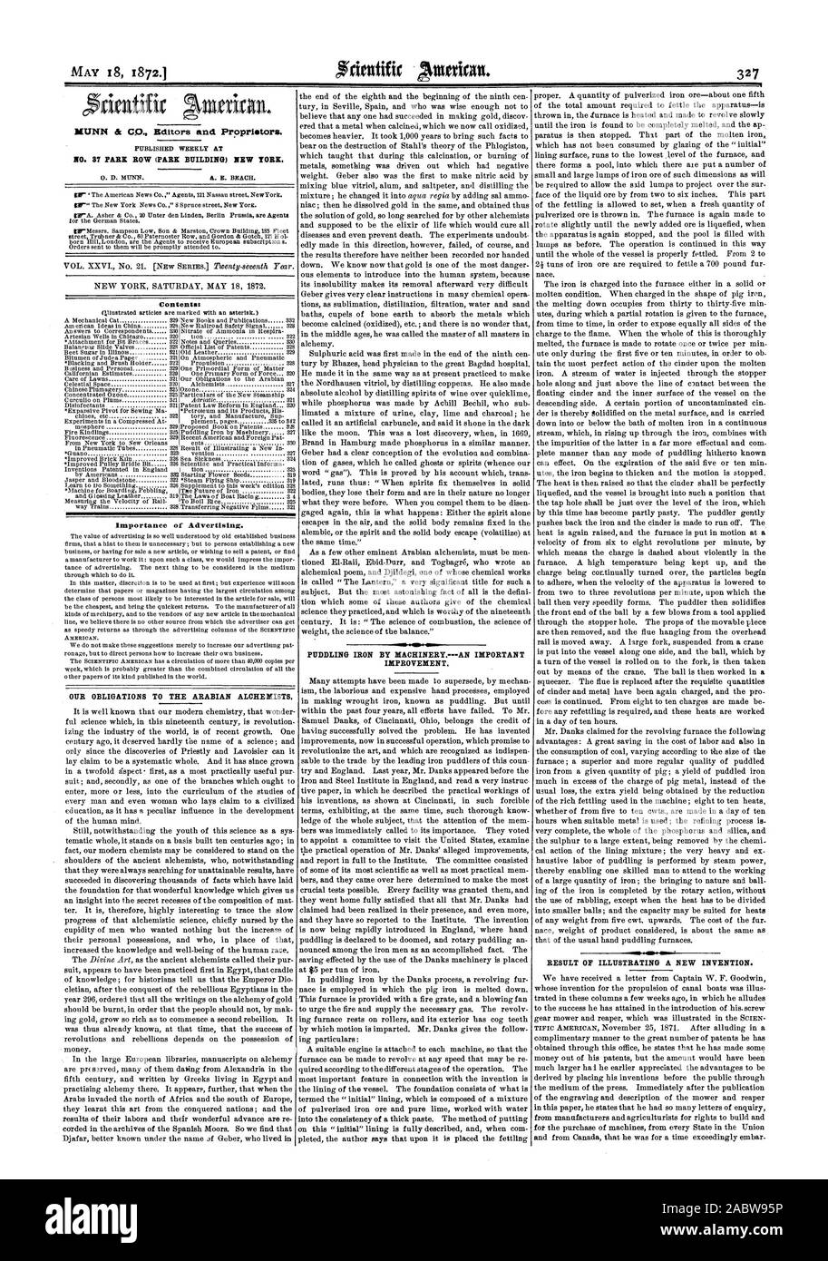 18 mai 1872.1 4 NO 87 PARK ROW (bâtiment) NEW YORK. Matières : Importance de la publicité. Nos obligations à l'ARABIAN ALCHE les brouillards. Accumulation de FER À REPASSER PAR LES MACHINES.Une amélioration importante. Résultat d'ILLUSTRER UNE NOUVELLE INVENTION., Scientific American, 1872-05-18 Banque D'Images