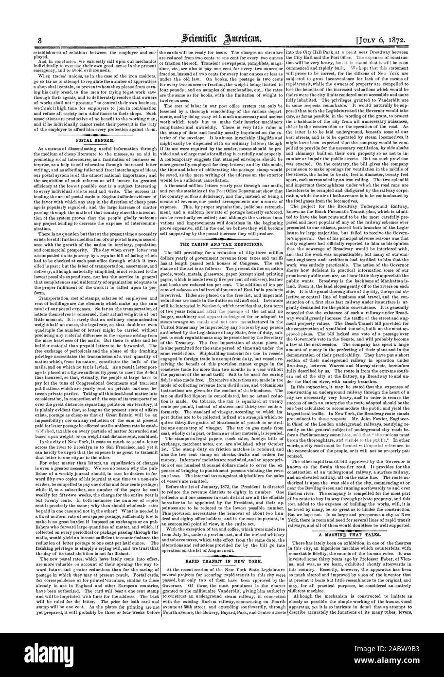 Le tarif et ' des réductions d'impôt. Transport en commun rapide dans la région de New York. La réforme de la poste. Une machine qui parle., Scientific American, 1872-07-06 Banque D'Images