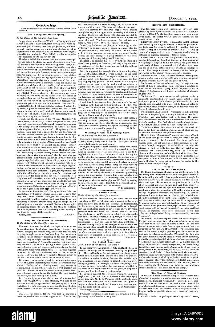 La requête du machiniste jeunes. Sondages en haute mer par l'électricité. L'arrosage des rues et de la fonte des neiges. La chaleur de l'été. Une expérience d'optique. La cause de la consommation. L'utilisation des eaux minérales., Scientific American, 1872-08-03 Banque D'Images