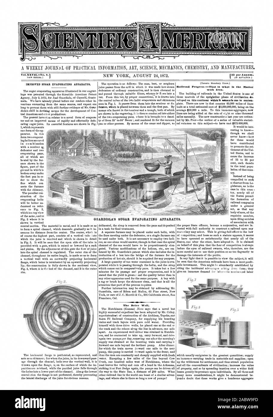 Un journal hebdomadaire D'INFORMATIONS PRATIQUES SCIENCES DE L'ART ET LA CHIMIE DE L'ECIIANICS FABRICANTS. Vol.XXV No 8,133 par an. L'amélioration des appareils d'évaporation de sucre. Le Lecteur. Railroad Cours --c'est ce qui est de la question avec le fer. L'APPAREIL S'ÉVAPORANT SUCRE GUARDIOLA., Scientific American, 1872-08-24 Banque D'Images