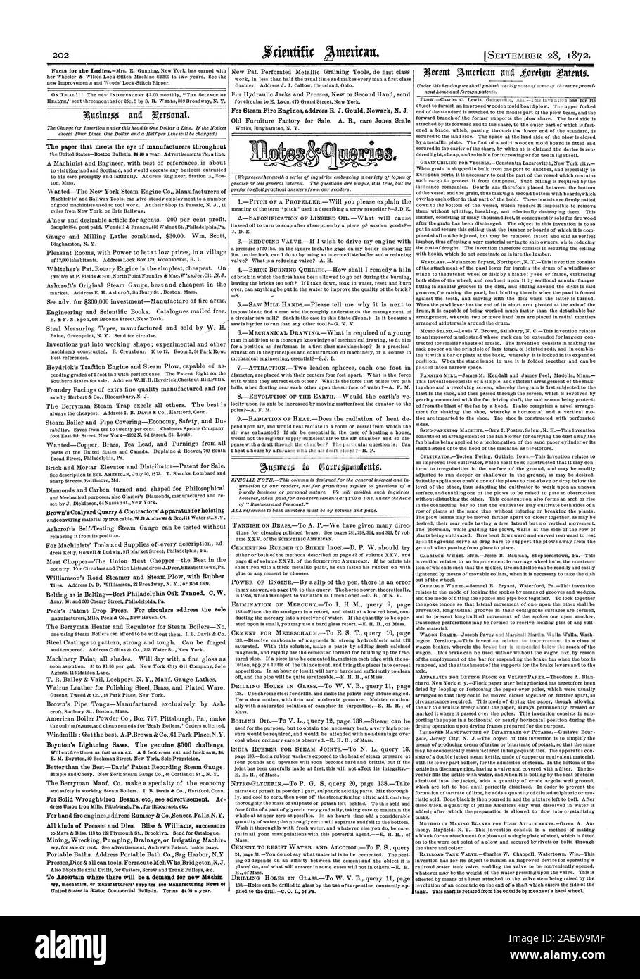 Le papier qui respecte l'oeil de fabricants à travers la carrière de 45 Coalyard brun ; appareils pour le hissage des entrepreneurs de scies. Foudre Boynton Le véritable défi de 500 $ Tous les types de presses et meurt. Bliss & Williams s successoi à déterminer où il y aura une demande pour de nouveaux moteurs à vapeur pour Machin adresse incendie R. J. Gould Newark N. J., Scientific American, 1872-09-11 Banque D'Images