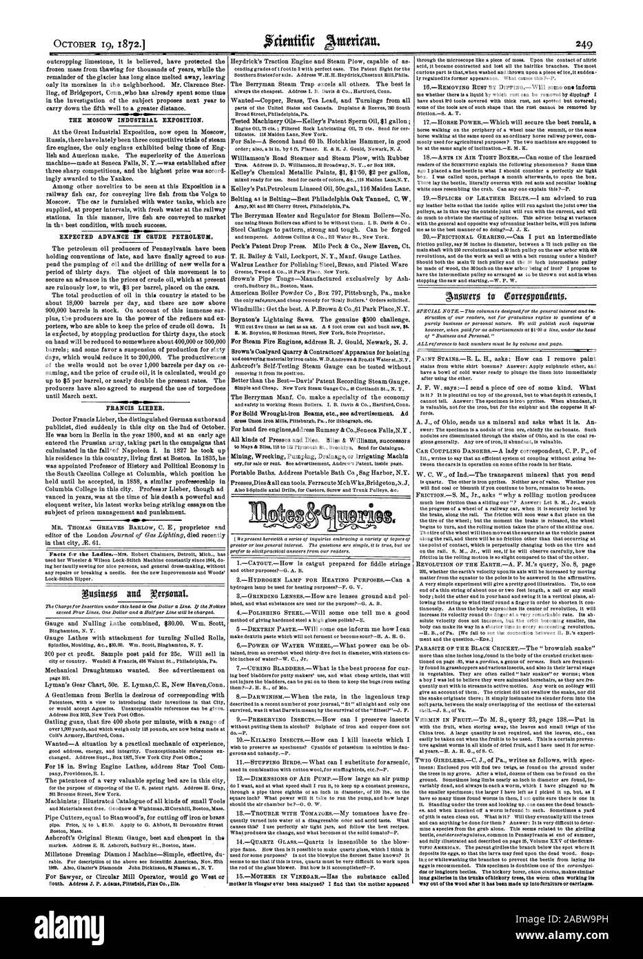L'EXPOSITION INDUSTRIELLE DE MOSCOU. L'avance prévue dans le pétrole brut. FRANCIS LIEBER. Pour les véhicules de pompiers à vapeur R. J. Gould adresse Newark N. J. De solides poutres en fer forgé etc. Voir la publicité. Annonce toutes les sortes de Presses et meurt. Bliss & Williams s successeur de pompage Relevage minières le drainage ou l'irrigation de Machin, Scientific American, 1872-10-19 Banque D'Images