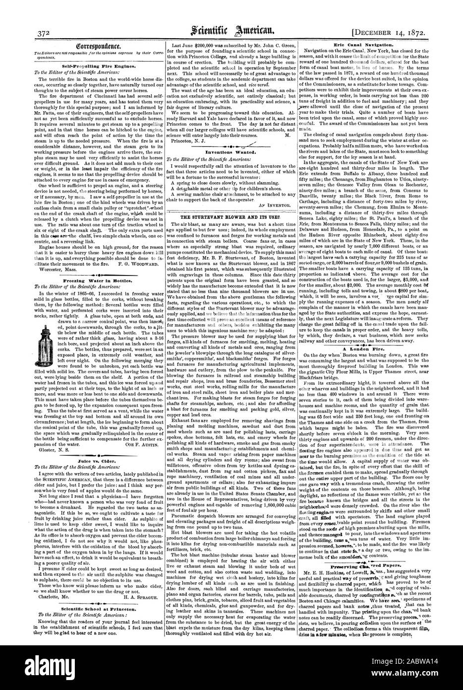 Self-Propelling d'incendie. La congélation de l'eau dans les bouteilles. Par rapport aux jus de cidre. L'École scientifique à Princeton. Erie Canal Navigation., Scientific American, 1872-12-14 Banque D'Images