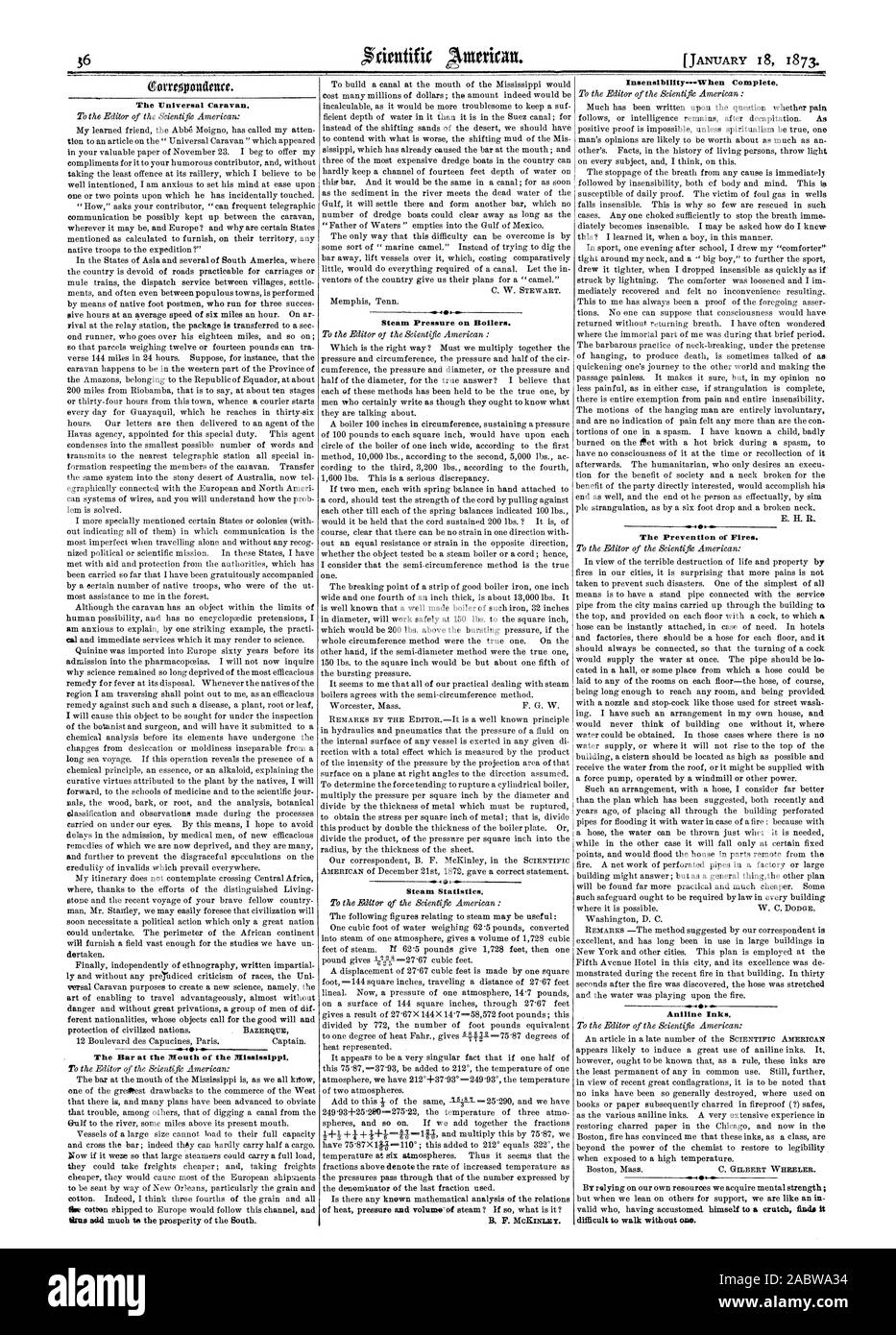 La Prestation universelle pour la caravane. La barre à l'embouchure du Mississippi. lints ajouter beaucoup à la prospérité du sud. La pression de vapeur sur les chaudières. Statistiques de la vapeur. B F. Mclimaty. E. H. R. 6 La prévention des incendies. Cill P lat. Encres d'Aniline -, Scientific American, 1873-01-18 Banque D'Images