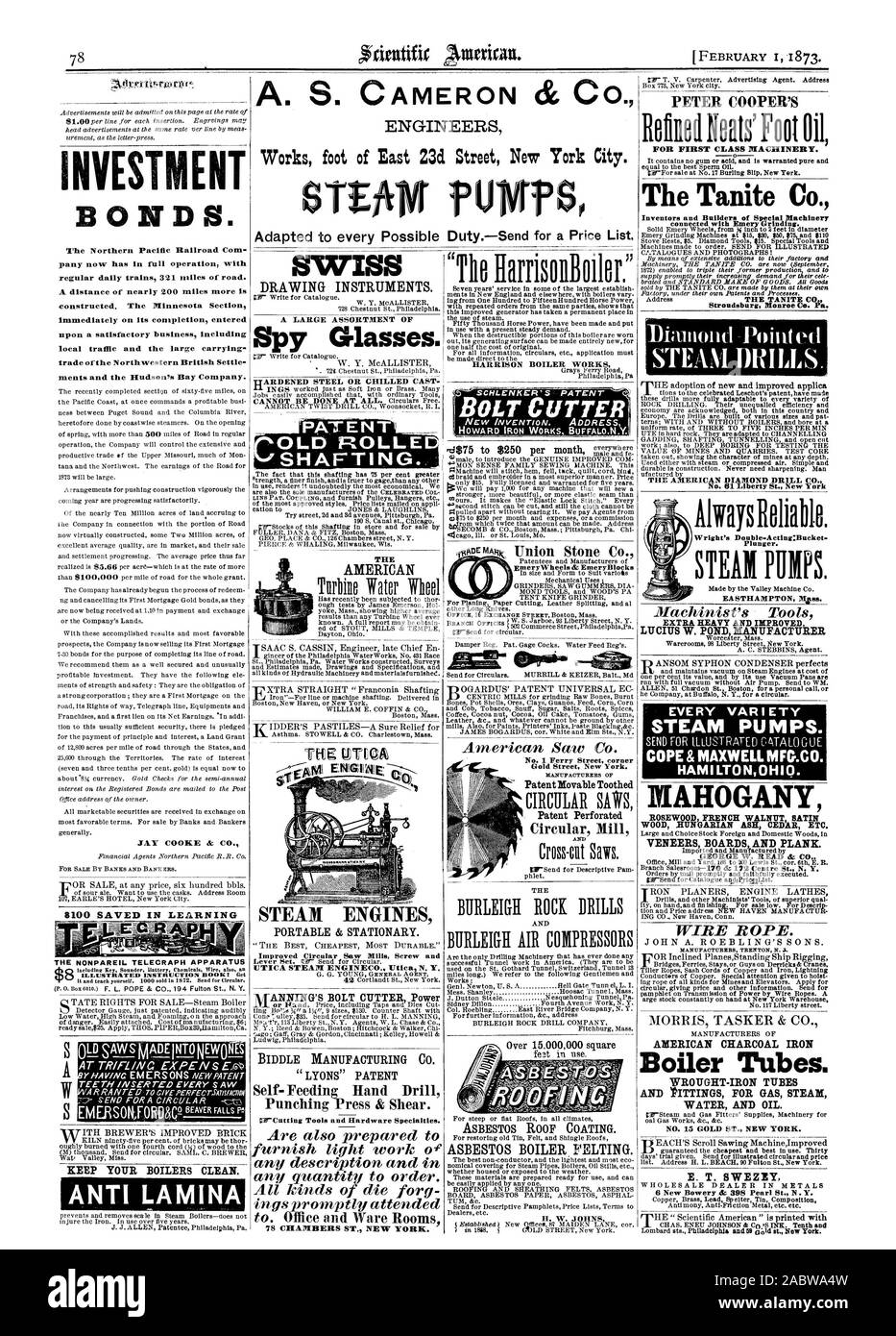 A. S. CAMERON & Co. d'ingénieurs travaille pied de East 23d Street New York. fU de titres de placement. l'il Northern Pacific Railroad Company a maintenant en pleine activité avec des trains quotidiens 321 kilomètres de route. Une distance de près de 200 milles plus est construite. La Section du Minnesota immédiatement sur son achèvement est entré sur une exploitation satisfaisante y compris le trafic local et le transport du grand nord-ouest de la régler et la baie d'Hudson. JAY COOKE & CO. GARDEZ VOTRE PROPRE DES CHAUDIÈRES. LAMINA ANTI L'AMÉRICAIN L'tITGQA ° "." LES MOTEURS À VAPEUR portatifs et fixes. L'amélioration de Banque D'Images