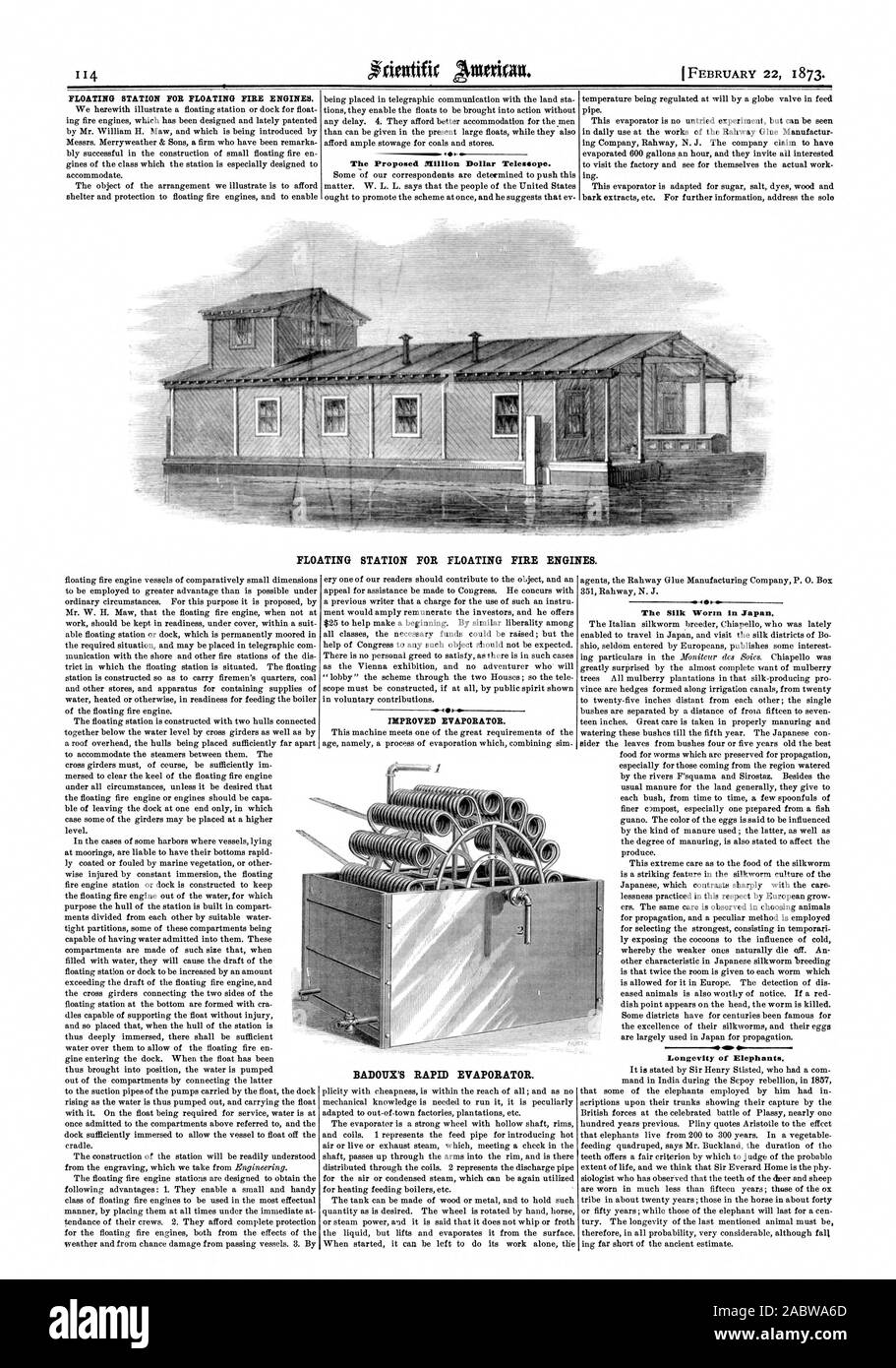 Le projet de Télescope d'un million de dollars. La station flottante FLOTTANTE POUR INCENDIE. L'BADOITX ÉVAPORATEUR RAPIDE. -41 faire. La longévité des vers à soie au Japon des éléphants., Scientific American, 1873-02-22 Banque D'Images