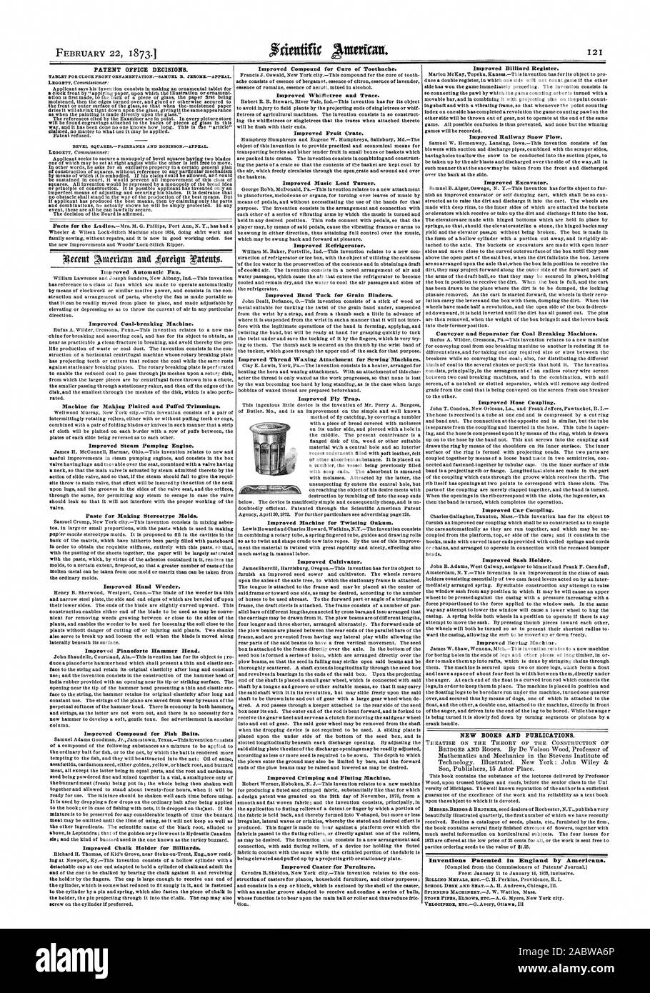 Les décisions du Bureau des brevets. Tablette pour RÉVEIL ORNEMENTATION AVANT-SEROKEAPPEAL SAMUEL B.. ESIITARESFAIRBANKS ROBINSONAPPEAL ET conique. Ventilateur automatique améliorée. Machine permettant de fabriquer et tressés au parage. soufflé La pompe à vapeur à l'amélioration du moteur. Coller pour faire des moules de stéréotype. L'amélioration de la bineuse. L'amélioration de Pianoforte tête marteau. Composé pour les poissons appâts améliorée. L'amélioration porte-craie de billard. L'amélioration de la guérison de maux composé. Amélioration de l'Whiffietree et Trace. L'amélioration des caisses de fruits. L'amélioration de la feuille de musique Turner. L'amélioration d'un réfrigérateur. Bande améliorée pour le grain des liants. Tuck L'amélioration de thread Banque D'Images