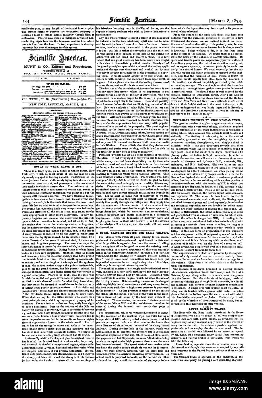La puissance des freins. road Company aux États-Unis jusqu'à il y a trois ou quatre ans. Le frein de l'écrémeuse est exploité par l'ingénieur en cas d'urgence uniquement en tirant un cordon d'exteadiag le wh, Scientific American, 1873-03-08 Banque D'Images