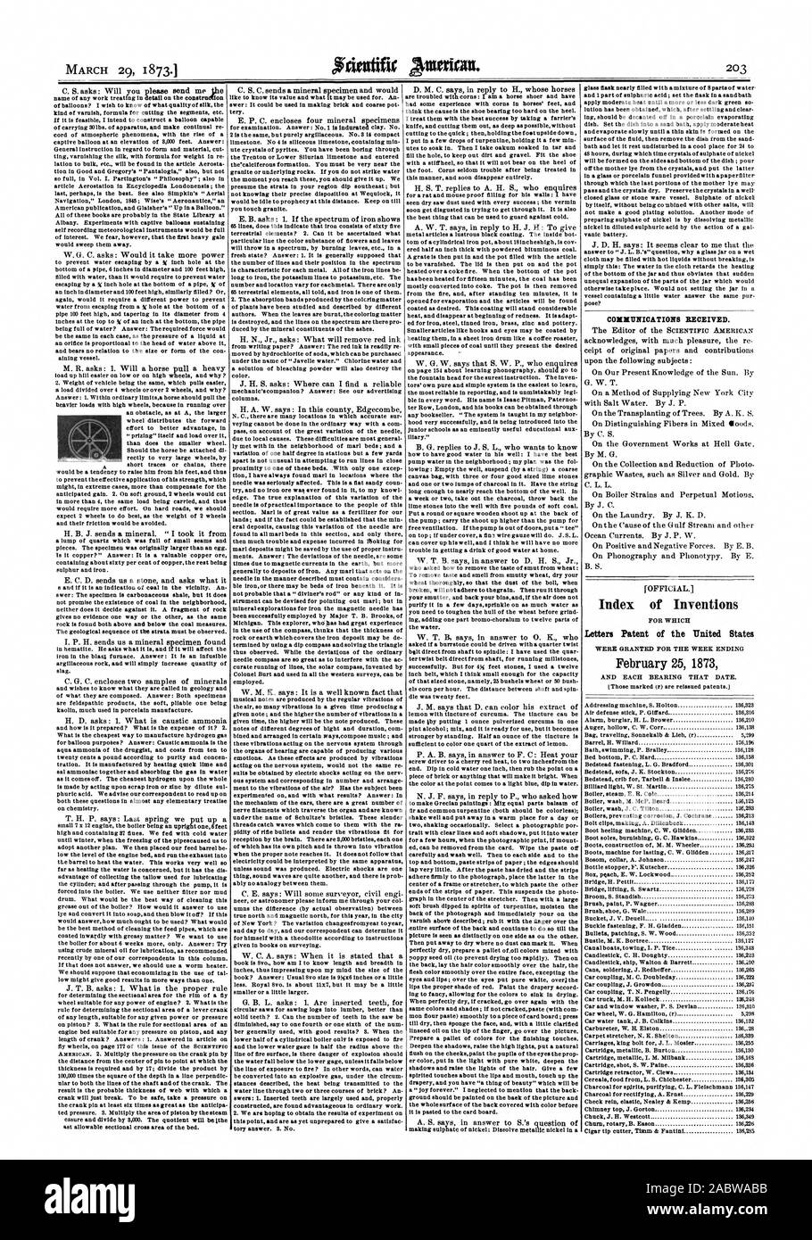 CORRUNICATIONS REÇU. Index des inventions Lettres patentes de l'United States 25 février 1873, Scientific American, 1873-03-29 Banque D'Images