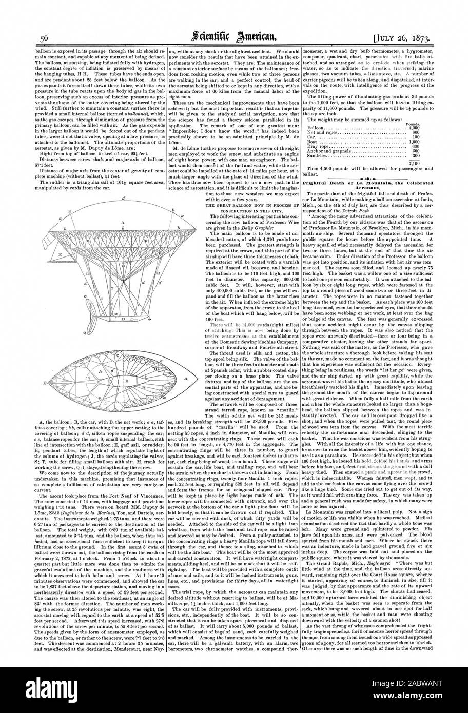 La mort effroyable de la montagne le célèbre aéronaute. votre 4ari'i A, Scientific American, 1873-07-26 Banque D'Images