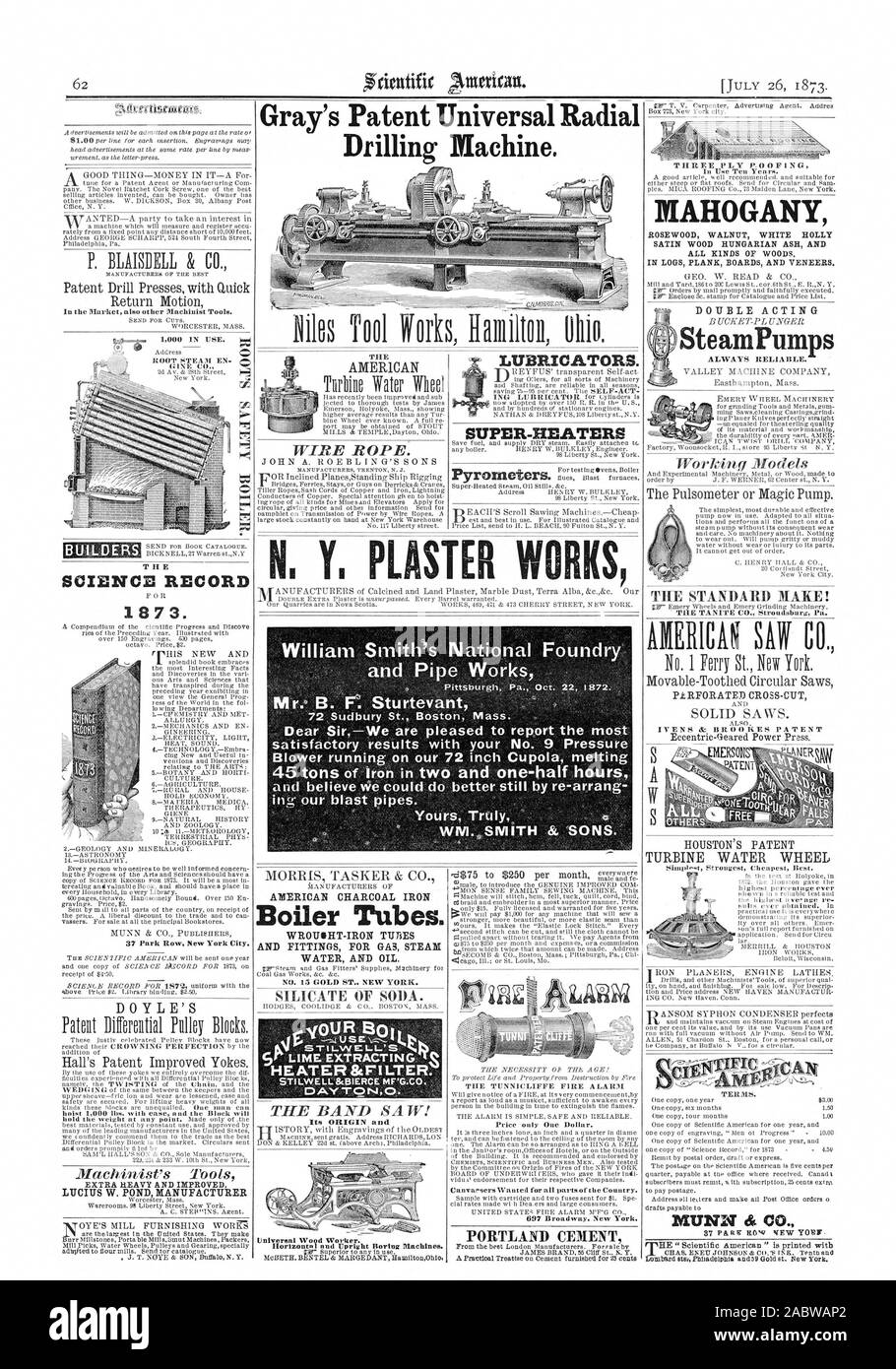 Universelle de Gray, le perçage radial. Flachine 1-3 BUILDERS ENREGISTREMENT 1 8 7 3 . Lubrificateurs. Chauffe-SUPER-SteamPumps ACAJOU CIMENT PORTLAND LA NORME FAIRE ! Mihts liarlIOti AA Les tubes de chaudière. William Smith's National Foundry et tuyauteries pour des résultats satisfaisants avec votre n° 9 Soufflante fonctionnant sur notre coupole de 72 pouces, de fusion de l'Américain scientifique, 1873-07-26 Banque D'Images