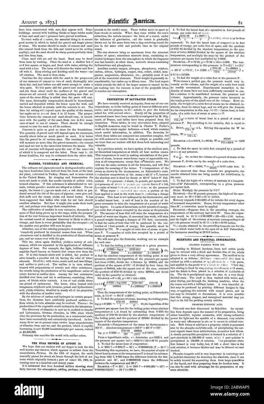 VE GARANCE GETABLE ET CHIMIQUES. L'ÉTOILES du 10 août. Propriétés de la vapeur saturée. Al DES INFORMATIONS SCIENTIFIQUES ET PRATIQUES, Scientific American, 1873-08-09 Banque D'Images