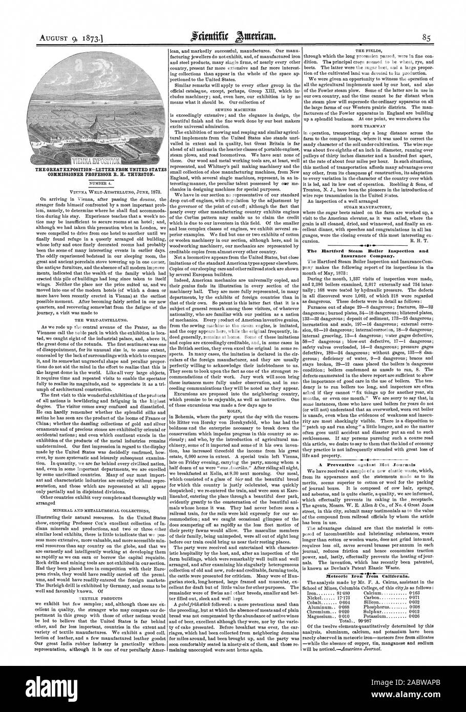 La GRANDE EXPOSITION-lettre/COMMISSAIRE AMÉRICAIN LE PROFESSEUR R. H. TH1TRSTON. The Hartford Steam Boiler Inspection and Insurance Company. De manière préventive contre les petites revues, Scientific American, 1873-08-09 Banque D'Images