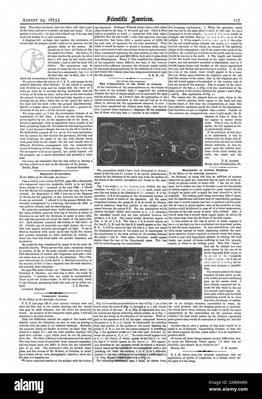 23 août 1873.1 projectiles explosifs. Les verres composites. La composition de la queue des comètes. De bisulfure de carbone. Les moteurs, Scientific American, 1873-08-23 Banque D'Images