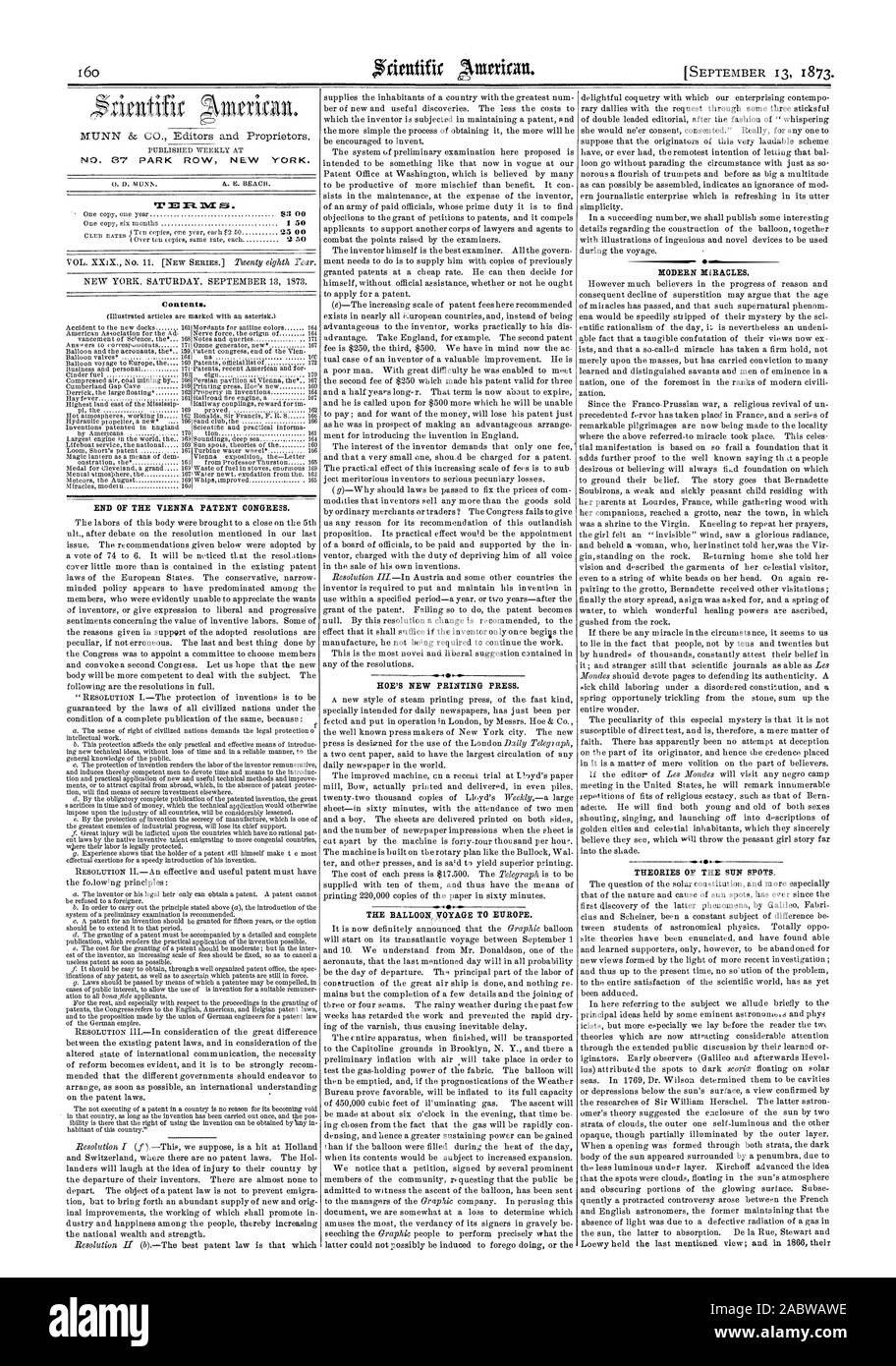 Table des matières 16. Fin DU CONGRÈS DE VIENNE DES BREVETS. HOE DE NEUF PRESSE D'IMPRESSION. MIRACLES modernes. Les THÉORIES DE LA TACHES DU SOLEIL., Scientific American, 73-09-13 Banque D'Images