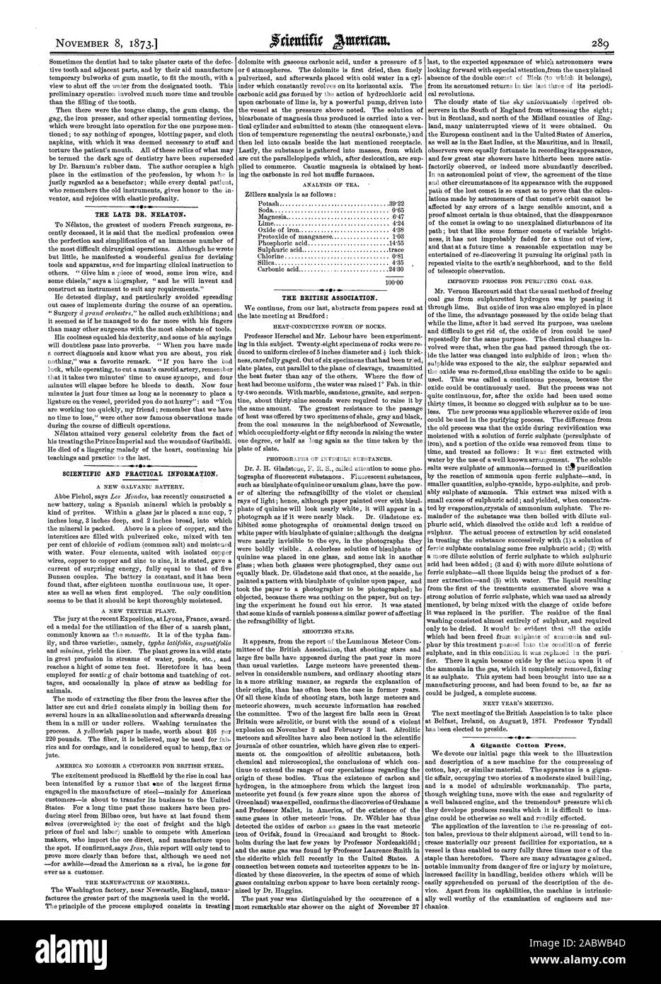 Le DR. NELATON. Des informations scientifiques et pratiques. L'association britannique. 41 4 4 0 Un gigantesque. Appuyez sur coton, Scientific American, 1873-11-08 Banque D'Images