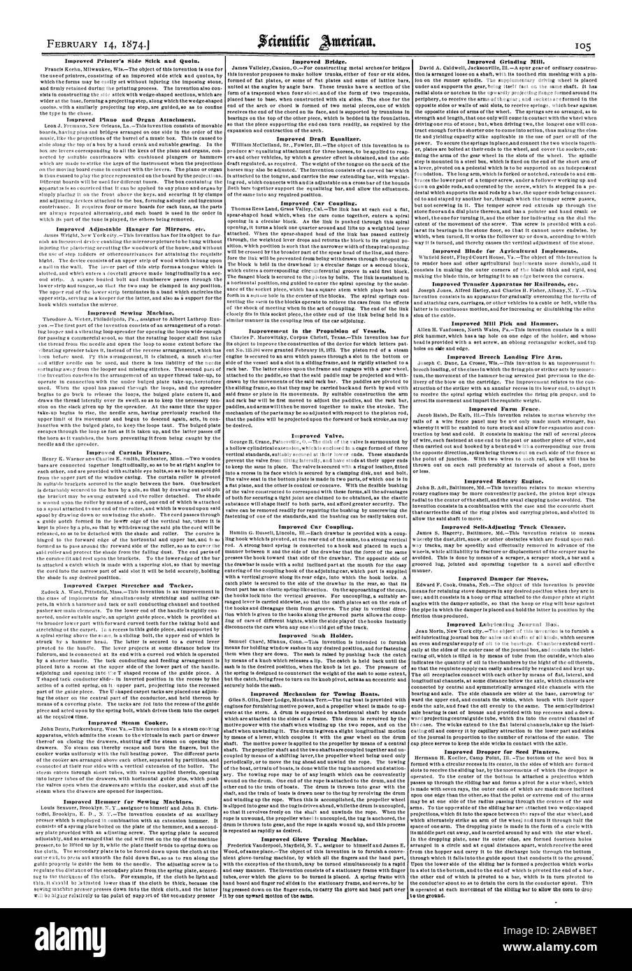 L'amélioration du côté de l'imprimante et de coin de bâton. L'amélioration de piano et l'Orgue de pièce jointe. L'amélioration de suspension réglable pour les miroirs, etc. l'amélioration de la machine à coudre. L'amélioration de l'appareil. Rideau Amélioration de la civière et tapis Tacker. Cuiseur à vapeur améliorée. L'Ourleur Pour amélioré pour machines à coudre. Soupape améliorée. Amélioration de la voiture d'attelage. L'amélioration porte-guillotine. Mécanisme amélioré pour le remorquage de bateaux. Gant amélioré faisant tourner la machine. L'amélioration de l'usine de broyage. Lame améliorée pour matériel agricole. Amélioration de la sélection de l'usine et d'un marteau. L'amélioration de l'incendie se chargeant par le bras. L'amélioration des clôtures de ferme. L'amélioration du moteur rotatif. L'amélioration de vente- Banque D'Images