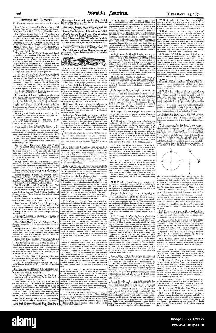 Pour solide Emery Roues et machines de meilleurs fruits et meurt Presses Presses hydrauliques et outils peuvent nouveau Jacks et s EnginesR incendie vapeur.J.GouldNewarkN.J. Peck's Drop Brevets Presse. Aux circulaires de solides poutres en fer forgé etc. voir annonce-, Scientific American, 1874-02-11 Banque D'Images