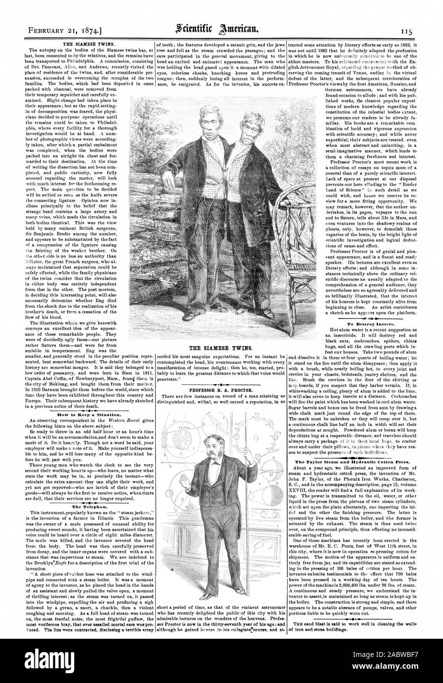 Les frères siamois. Comment garder une situation. Le Telephon. Les frères siamois. I - LE PROFESSEUR R. A. Proctor. Pour détruire les insectes. La vapeur et Taylor Coton hydraulique Presse., Scientific American, 1874-02-21 Banque D'Images