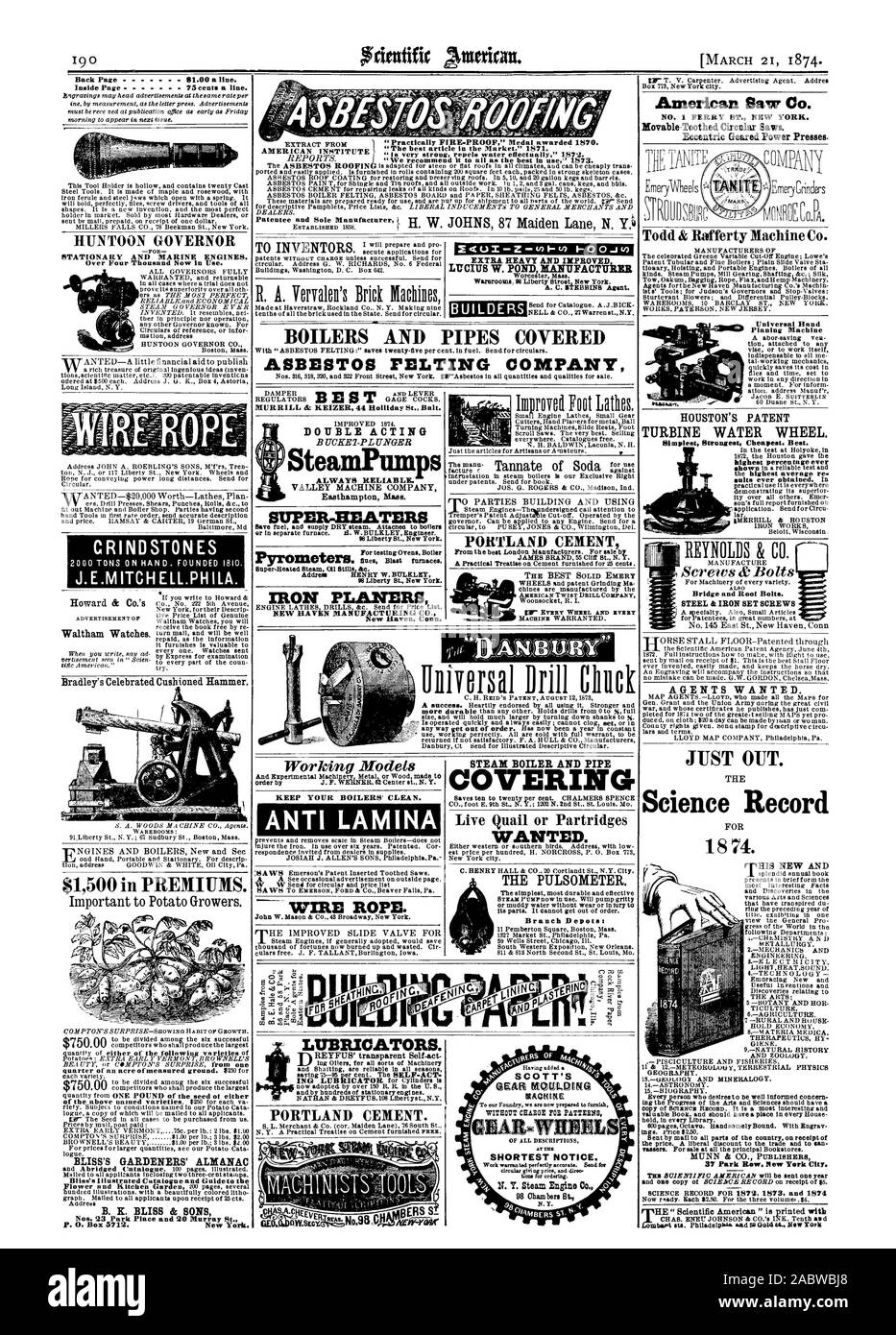 Enregistrement pour 1872 1873 et 1874 lubrificateurs. et par des centaines de moteurs fixes. NATHAN & DREYFII13108 Mem ys t. N.Y. LE CIMENT PORTLAND. L'ENGRENAGE DU IKQE SCOTT WONG à notre Fonderie Nous sommes maintenant prêts à TITRE GRACIEUX POUR LES SCHÉMAS anéantira Howard & Co.'s Waltham Montres. MURRILL Sc KEIZER 44 Holliday Saint appât. SteamPum DOUBLE EFFET TOUJOURS FIABLE. SUPER-chauffantes d'économiser du carburant et de la vapeur sèche. Attacneo aux chaudières ou dans des fours. H. W. BIILBLEY Ingénieur. 98, rue de la Liberté à New York. Pour les tests d'un four. Chaudière Addrese Henry W. BITLELZY 98, rue de la Liberté à New York. Les ponceuses de fer HAVEN AVEN Banque D'Images
