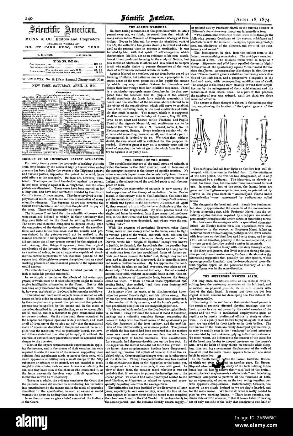 MUNN & CIE éditeurs et propriétaires. N° 37 PARK ROW NEW YORK. X':EA Ft XVI SE ; . La décision D'UN IMPORTANT CONTENTIEUX DES BREVETS. L'AGASSIZ MEMORIAL. La GENÈSE DU CHEVAL. Matières : LIER LE NOUVEAU MEMBRE SUPPRIMÉ., Scientific American, 1874-04-18 Banque D'Images