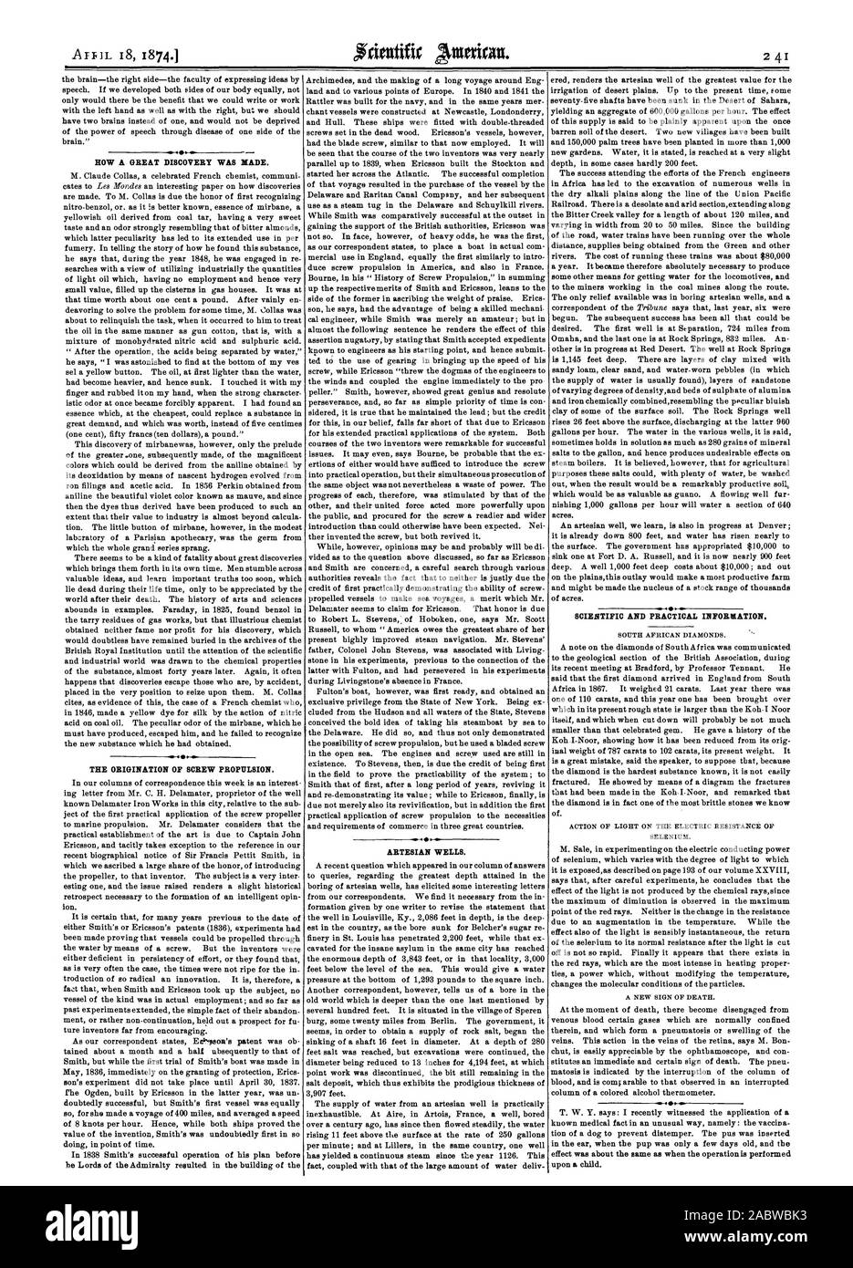 Comment UNE GRANDE DÉCOUVERTE A ÉTÉ FAITE. L'ORIGINE DE LA VIS DE PROPULSION. Les puits artésiens. Des informations scientifiques et pratiques., Scientific American, 1874-04-18 Banque D'Images