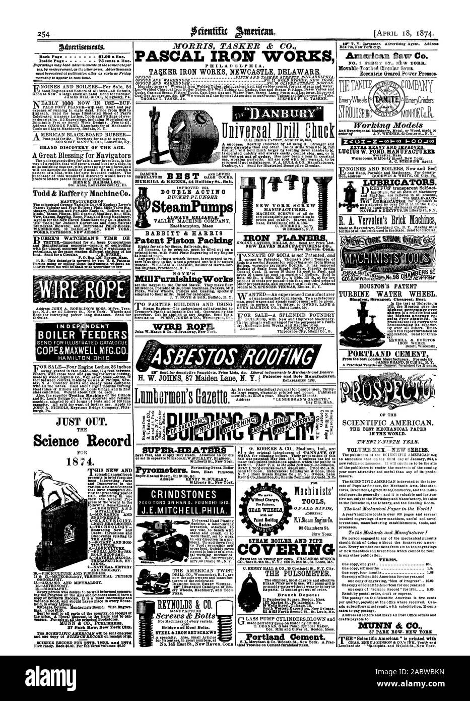 TASKER MORRIS & CO. PASCAL IRON WORKS IRON WORKS TAKER PHILADELPHIE NEWCASTLE DELAWARE. Porté ! Mandrin de perçage à l'SteamPumps DOUBLE EFFET TOUJOURS FIABLE. BABBITT et Harris de la garniture de brevet n 0 Y S MillrurnishingWorks CÂBLES MÉTALLIQUES. John W. Mason & Co. 43 Broadway New York. Lumbormon's Gazette. Fabricant de VIS DE NEW YORK. Les ponceuses de fer Foundry Company Adresse Adresse : Outils chaudière à vapeur et d'économiser 10 à 20  %. CHALMI4RS SPENCE CO. pied E. Ko St N. Y., 1202 N. 2e st Bt. Voyous. Mo. C. HENRY HALL & CO 20 Cortlandt Bt. N. Y. Ville. 59 rue puits C hicag Ill. de ciment Portland. S Banque D'Images