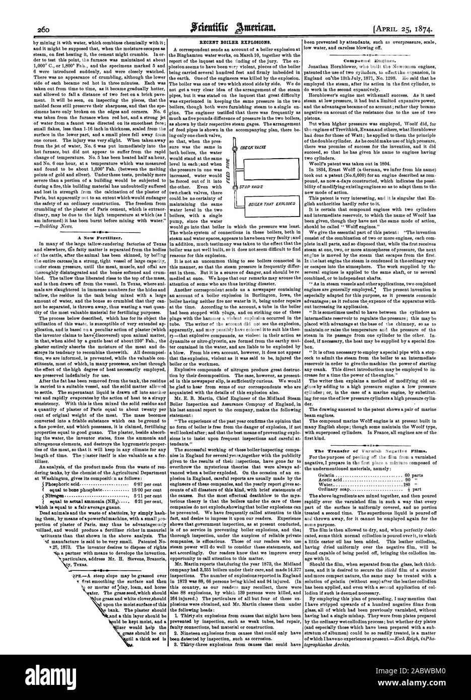 Un nouveau fertilisant. qui est égale à une moyenne équitable de guano. Les récentes explosions de chaudière. Moteurs composé. Le transfert des films négatifs de vernis. Tuyau d'alimentation, Scientific American, 1874-04-25 Banque D'Images