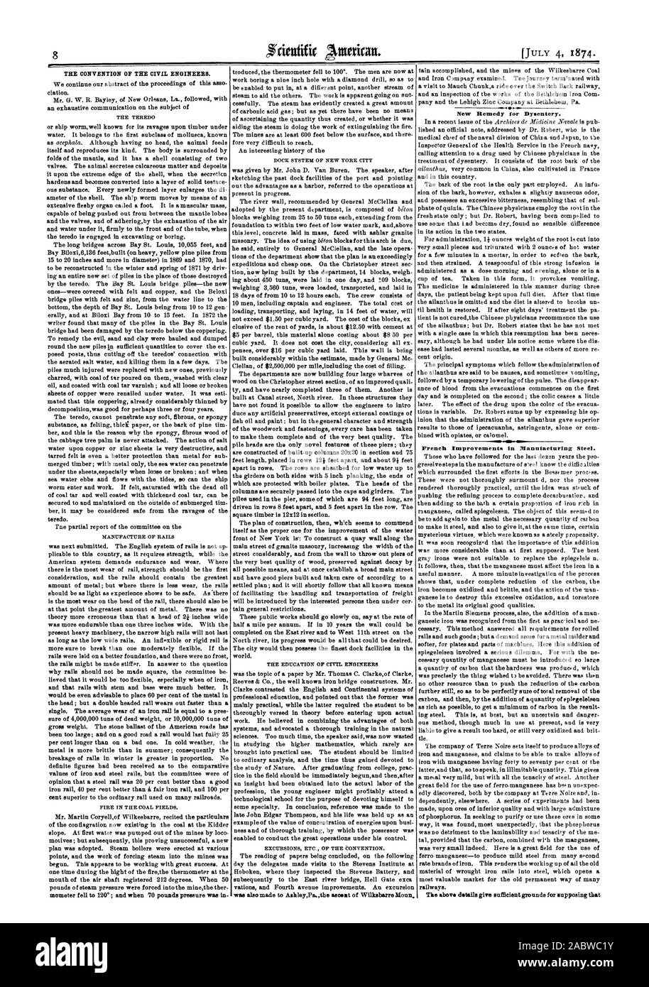 Nouveau remède pour la dysenterie. Des améliorations dans la fabrication française de l'acier., Scientific American, 1874-07-04 Banque D'Images