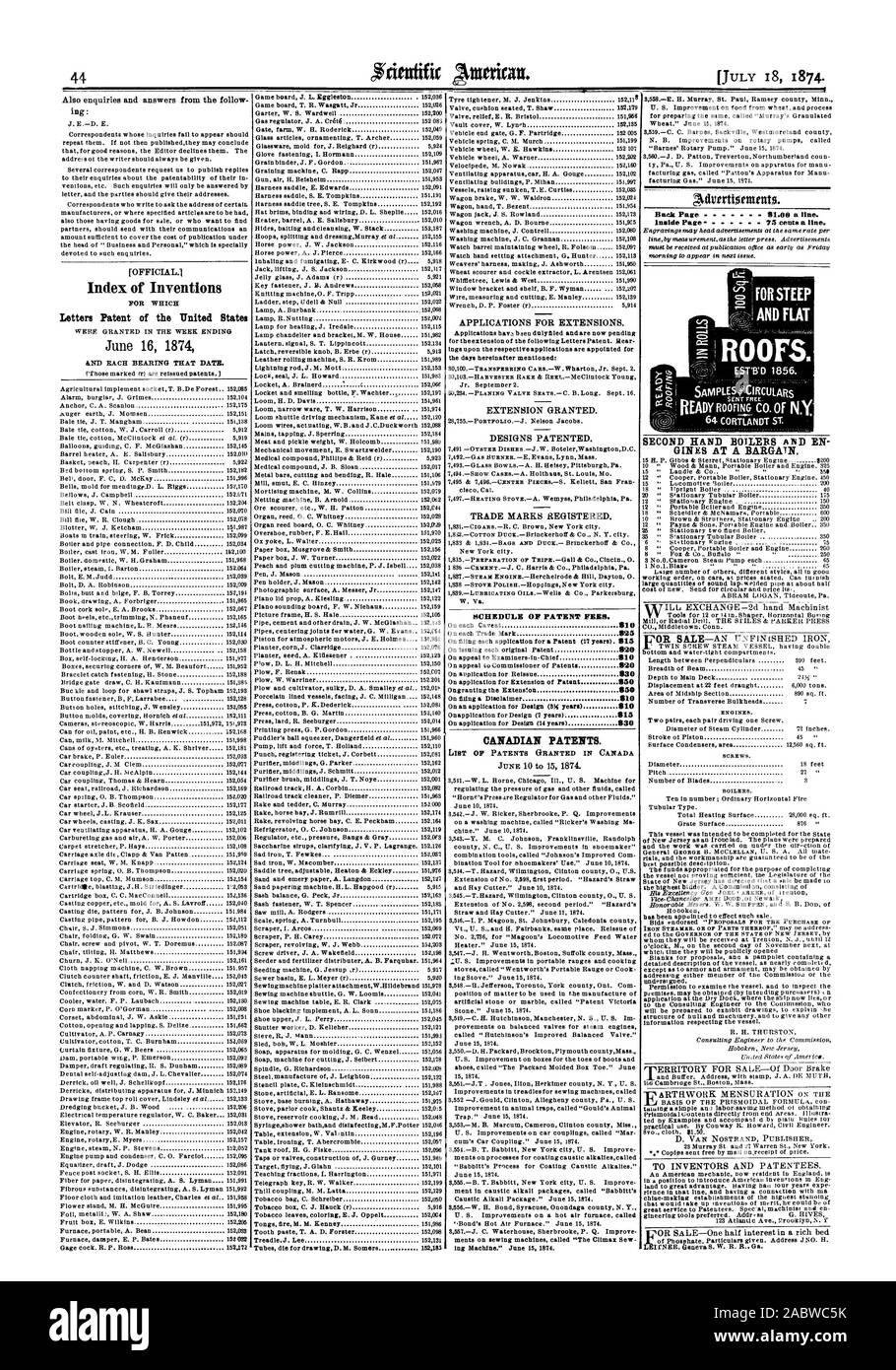 44 ofcientific-américain. Demandes de renseignements aussi et les réponses de la suite d : [.1 Index des inventions Lettres patentes de l'United States les demandes de prolongations. Prorogation accordée. Dessins et modèles industriels brevetés. Les marques enregistrées. Barème des taxes de brevets. Brevets canadiens. Retour Page 81.00 une teinte. lnidde Page 75 cent@ une ligne. Les moteurs. Les vis. Les chaudières. . 1856 ESTUD des malappris. '. :--, Scientific American, 1874-07-18 Banque D'Images