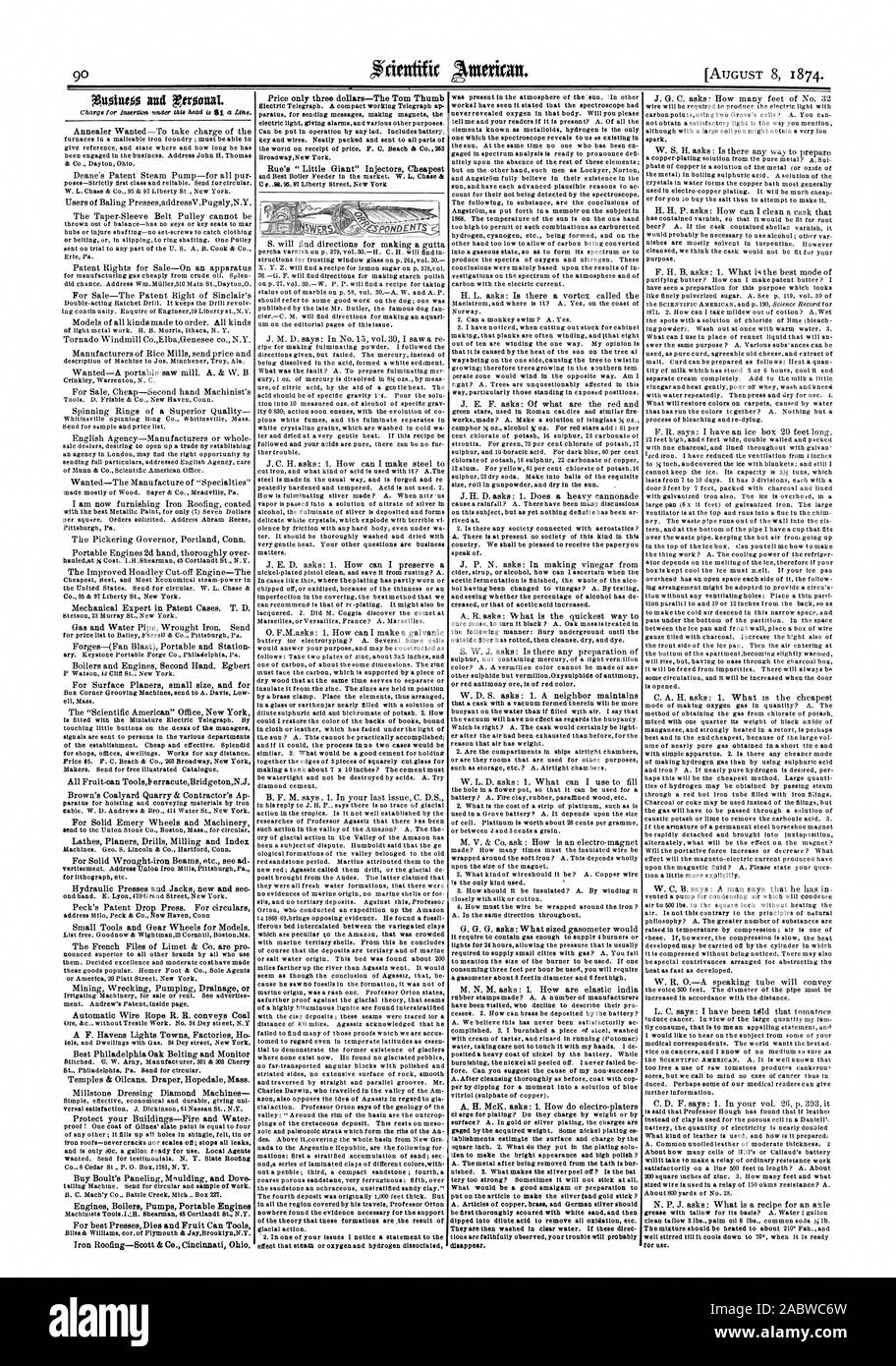 Tous les fruits peuvent-ToolslerracuteBridgetonN.J. Acheter du Mnulding Boult lambris et Dove Chaudières Moteurs Moteurs pour pompes Presses Portable meilleur meurt et fruits peuvent fer Roofing-Scott Outils & Co. Cincinnati (Ohio). Prix seulement trois dollars-Le Tom Pouce Rue's 'Little Giant' Injecteurs les moins chers se "récuré à fond de rat avec du sable blanc, puis plongée dans l'acide dilué pour enlever tous les l'oxydation, etc. Ils sont ensuite lavés à l'eau claire. Si ces diree t ions sont scrupuleusement observés votre problème sera probablement à l'utilisation., Scientific American, 1874-08-11 Banque D'Images