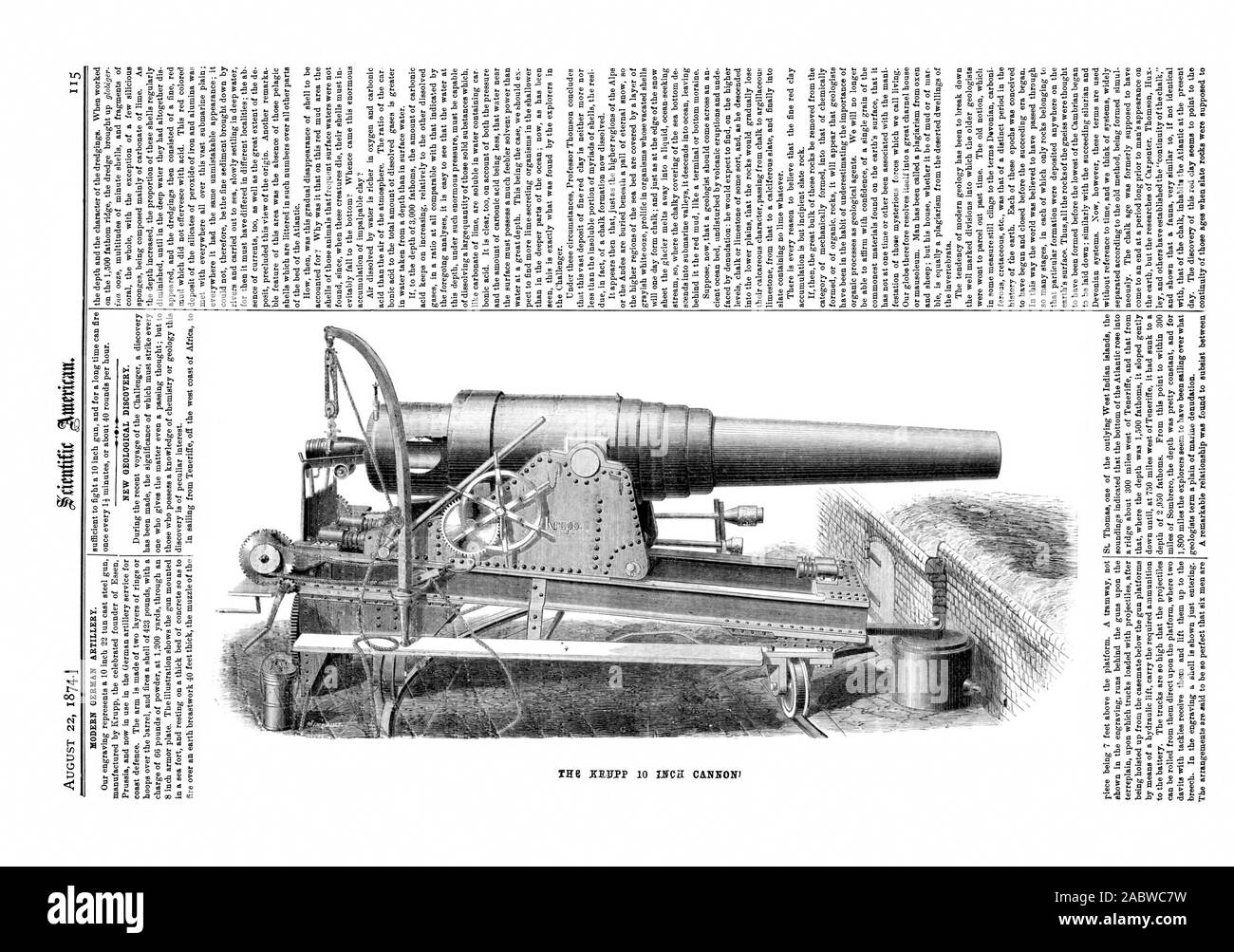 22 août 1874.1 de l'artillerie allemande moderne. Nouvelle découverte géologique. tliOIDIVO PORI OT Aleria2Z, Scientific American, 1874-08-22, le canon de 10 pouces Krupp Banque D'Images