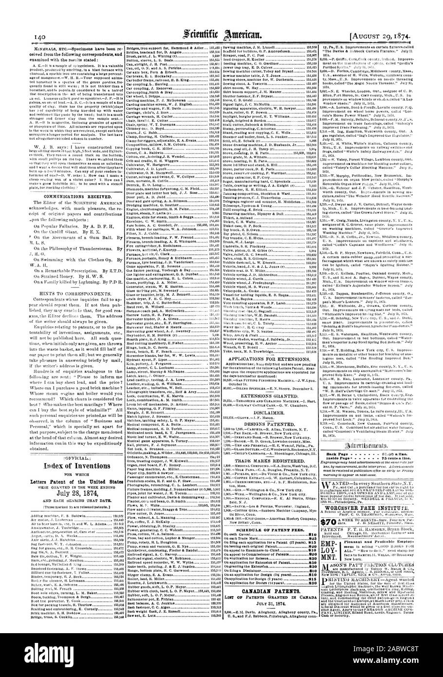 Les communications reçues. Pour qui les Lettres patentes des États-Unis ANNEXE DES TAXES DE BREVETS. Brevets canadiens. Liste DE BREVETS DÉLIVRÉS AU CANADA Retour Page 8100 une ligne. À l'intérieur de la page 75 c. la ligne. Institut de Worcester. Agréable et profitable d'em-, Scientific American, 1874-08-29 Banque D'Images